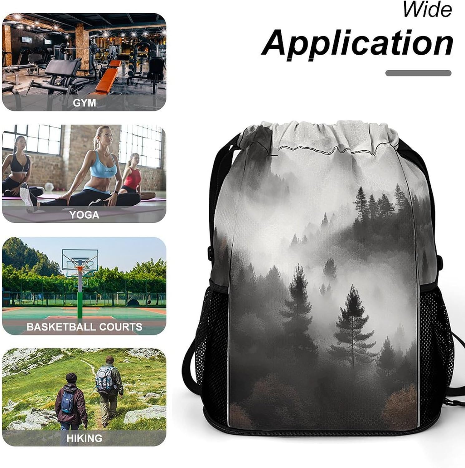 Foggy Mountains Forest Drawstring Backpack with Wet Pocket - Large Capacity Gym Bag with Shoe Compartment & Mesh Pockets, Adjustable Lightweight Gym Backpack for Swimming, Travel, Workout