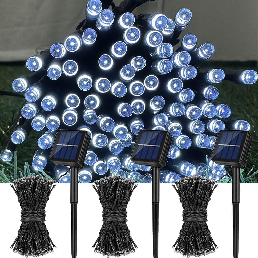 Luces Solares Led Exterior Jardin, IP65 Impermeable Guirnalda Luces Exterior Tira Led Solar Cable de Cobre, para Patio Boda Terraza Balcon Acampar Fiestas, 3 Piezas (Blanco,12 Metros)