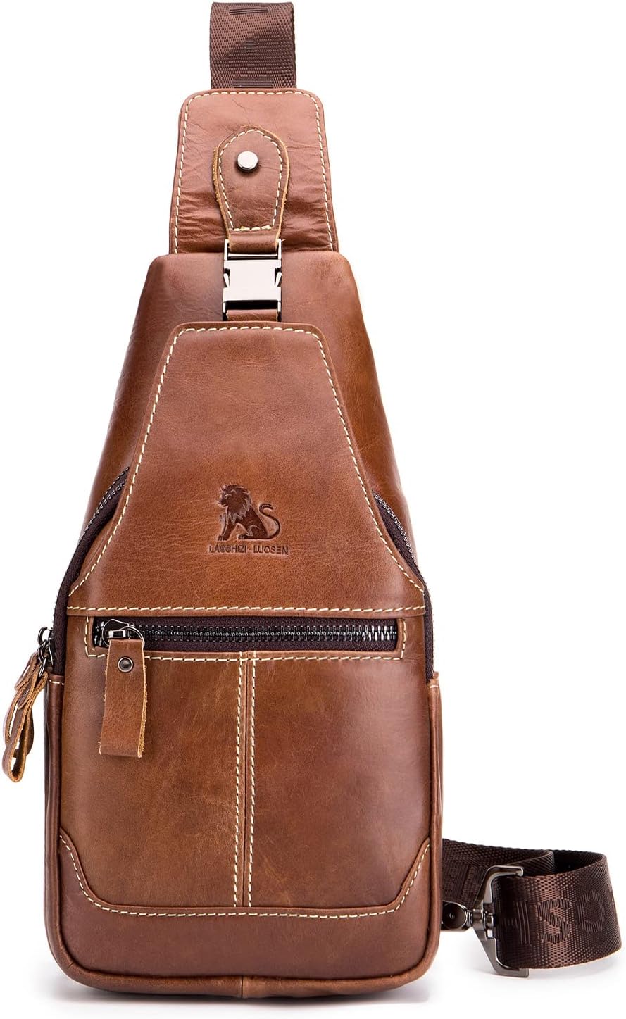 pundarika Leather Sling Bag for men Chest Bag shoulder bag crossbody casual chest pack Sling Backpack man bag-Brown