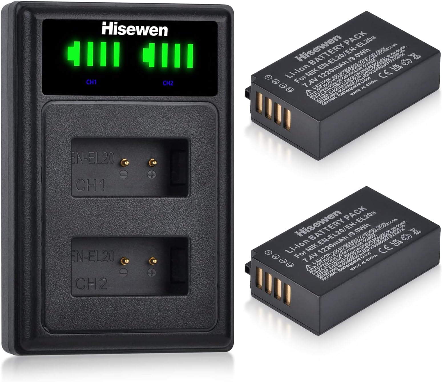 – Hisewen EN-EL20 EN-EL20a Battery and Dual Charger, 2Pack 1220mAh Replacement Battery for Nikon Coolpix P1000, P950, 1 AW1, 1 J1, 1 J2, 1 J3, 1 S1, 1 V3, DL24-500, Coolpix A Camera.
