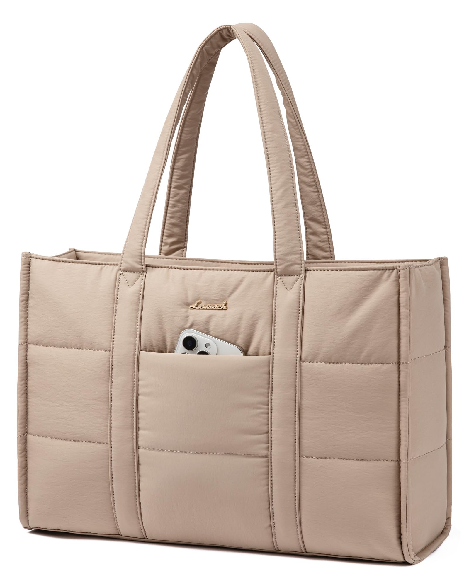 LOVEVOOK Bolso Mujer Grande, Puffer Bolso Tote Bag Bolsos para Universidad Shopper, Bolso Portatil Ordenador para Trabajo Oficina Universitarias Caqui M-15,6 Pulgadas
