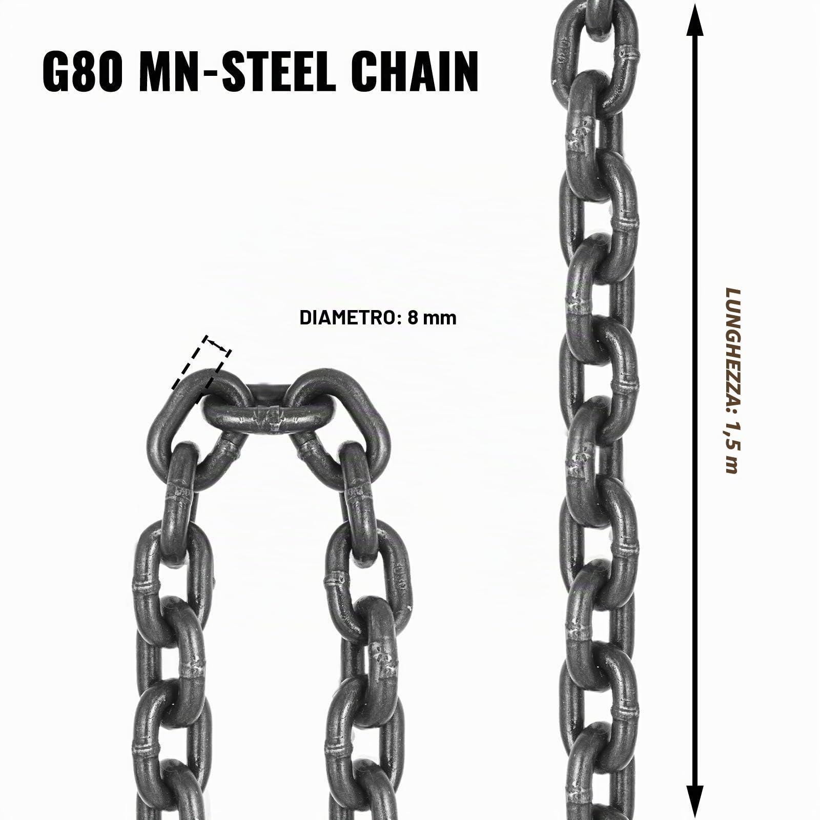 Happybuy Catena di sollevamento da 8 mm con ganci, 4 gambe, catena di sollevamento da 1,5 m, con gru accorciabile, 1999 kg / 5T