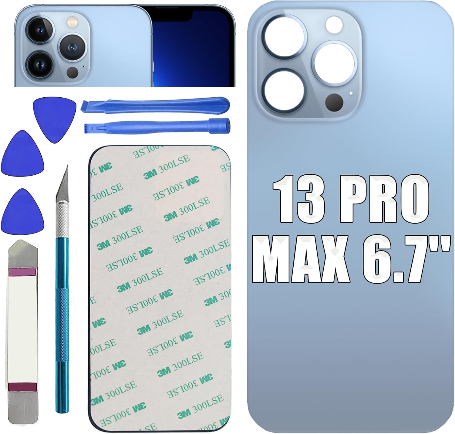 Sostituzione del coperchio del vetro posteriore 13 Pro Max per iPhone 13 Pro Max Sostituzione del vetro posteriore posteriore da 6,1 '' con kit di strumenti di riparazione (Blu Sierra)