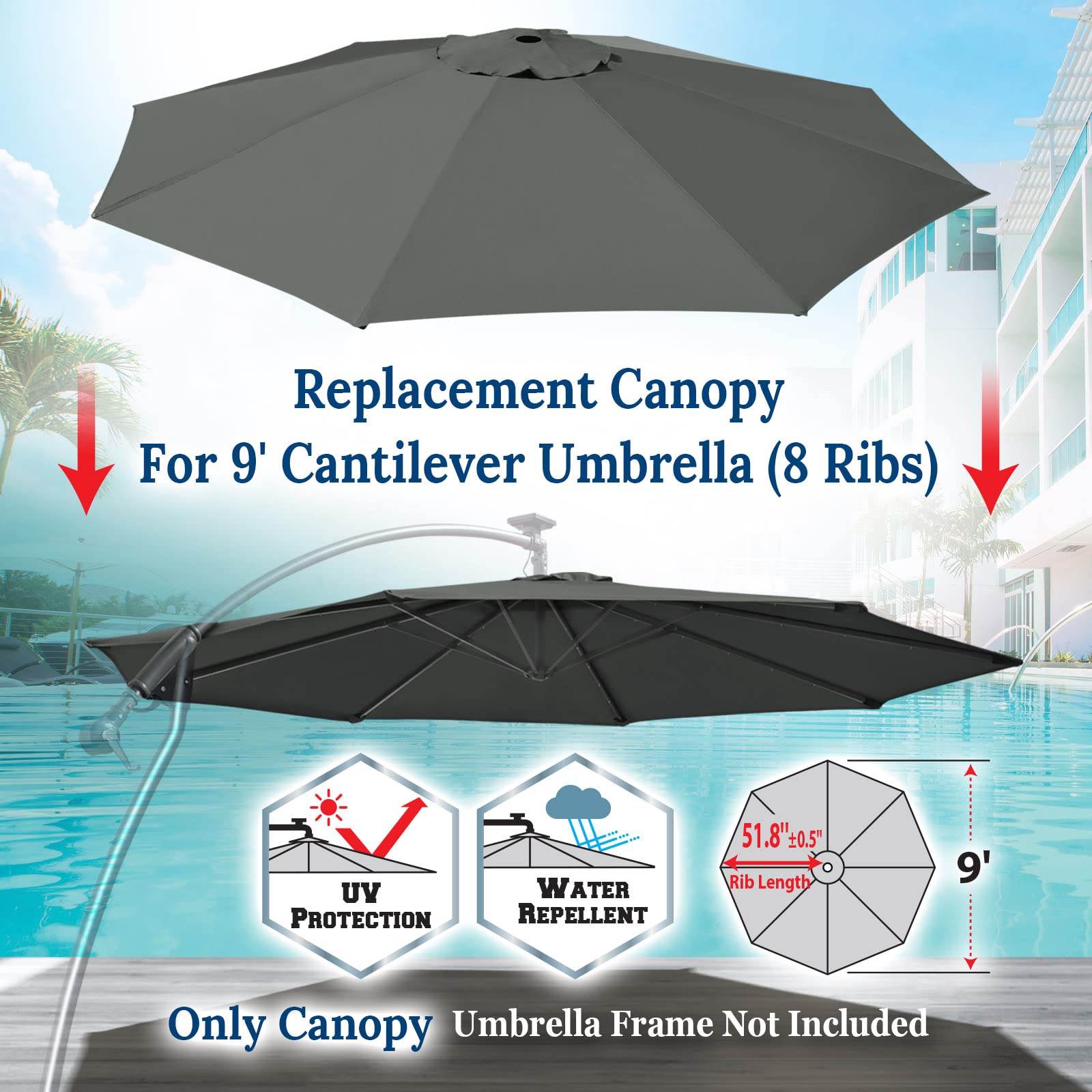 BenefitUSA 9ft Umbrella Top Cover Only Canopy 8rib Patio Replacement Canopy Outdoor (Canopy Only) (Grey)