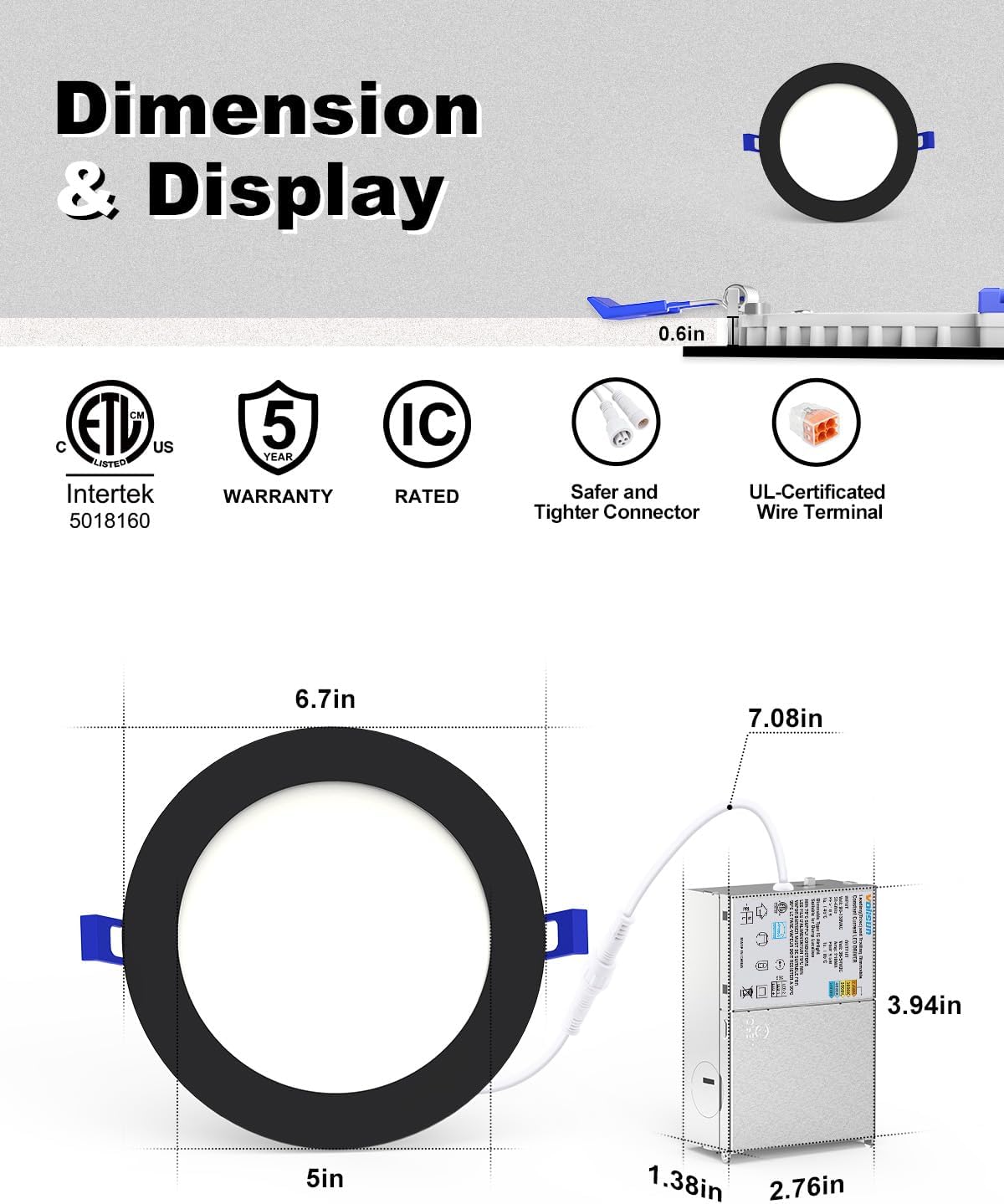 VOLISUN 12 Pack 6 Inch Black Recessed Light with Night Light, Canless LED Recessed Lighting 6 inch, 2700K-5000K Selectable, 12W=130W,1080LM Soffit Lighting Outdoor Recessed Light, ETL Certificated - Image 4
