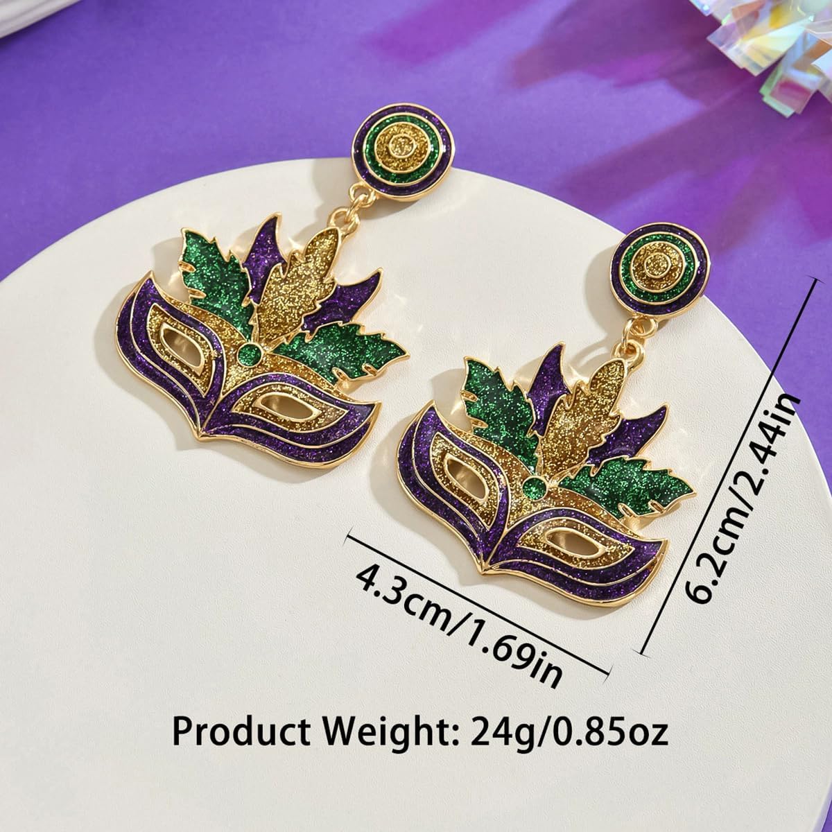 Mardi Gras Glitter Mask Dangle Earrings Purple Green Gold Enamel Carnival Earrings New Orleans Festival Statement Jewelry for Women Party Costume Accessories - Image 4