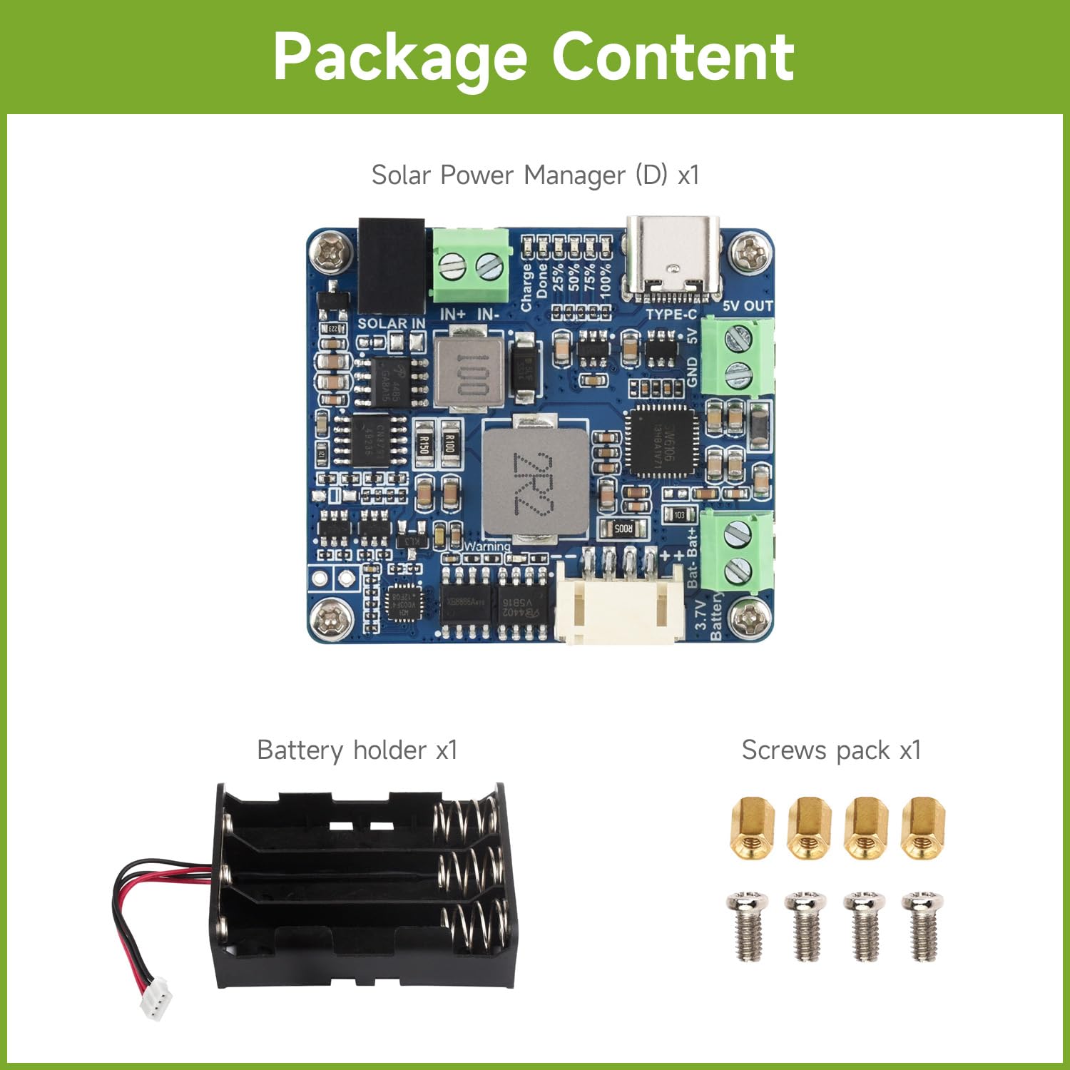 Waveshare Solar Power Manager Module (D), Support 6V~24V Solar Panel & Type-C Power Adapter, 5V/3A Output, Solar Controller USB, MPPT Solar Charger, with batt Holder (batt are Not Included)