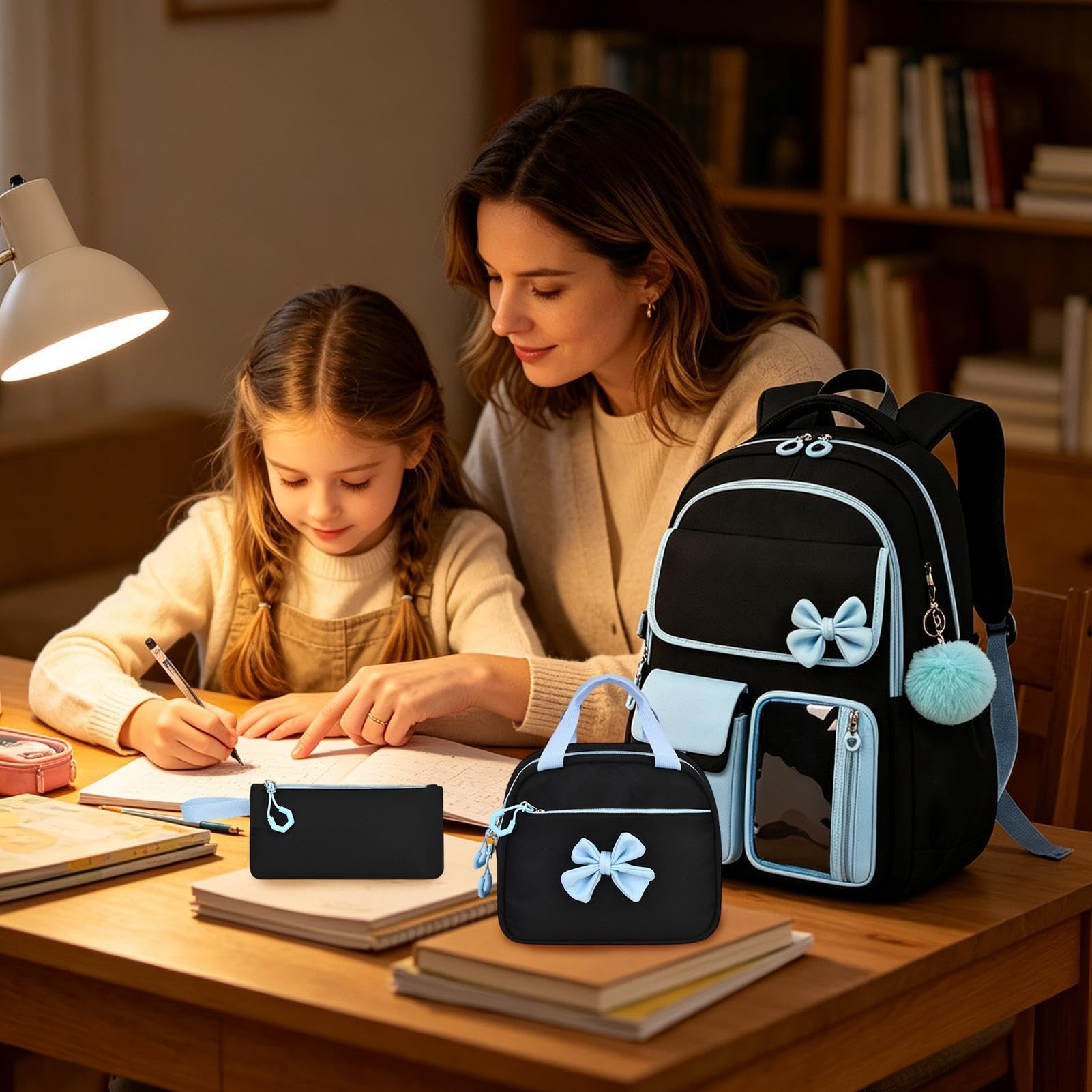 Set di zaino per ragazze, borsa per la scuola, 3 pezzi, con portapranzo, blu, Consulte la descripción, Vedere la descrizione | Grazioso zaino in 3 pezzi con cerniere resistenti. Perfetto per studenti, viaggi scolastici, per riporre oggetti