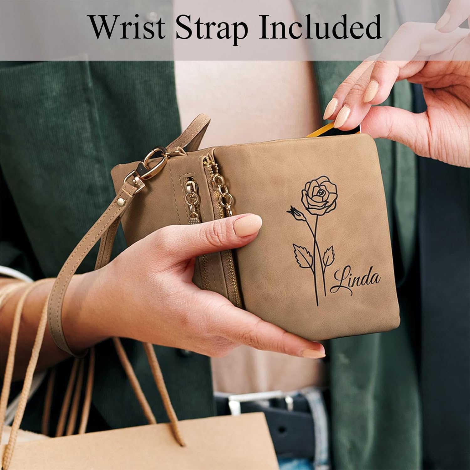 callie Personalized Watercolor Wristlet Wallets for Women, Custom Watercolor Birth Flower with Name, Christmas Gift for Her - Image 4