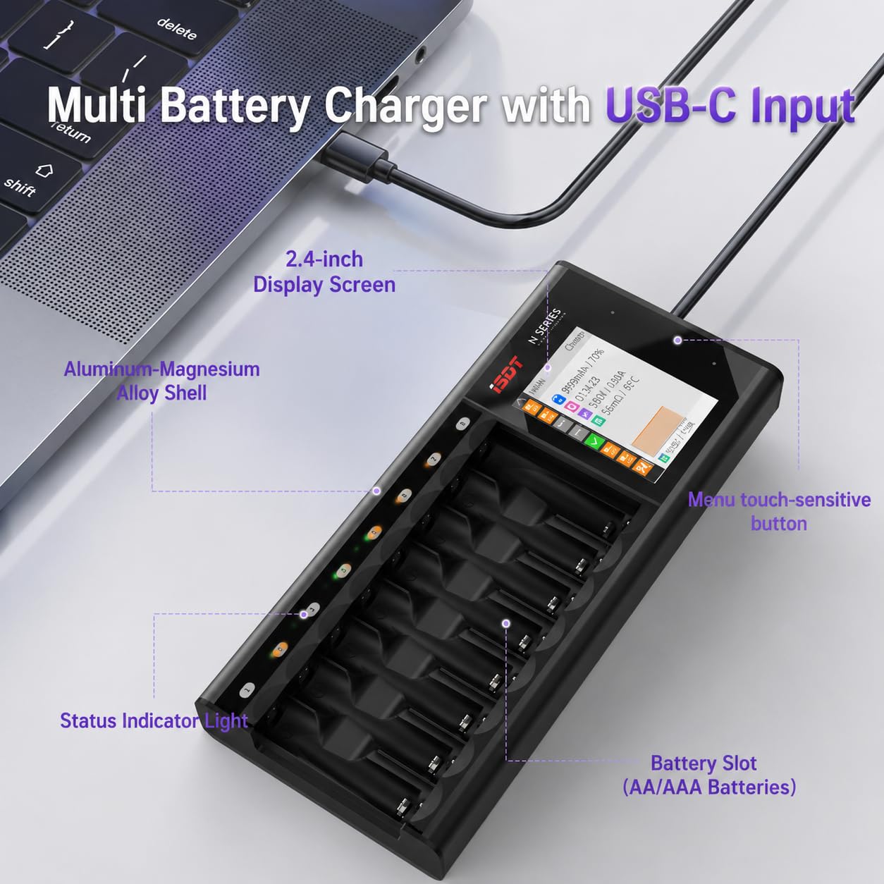 ISDT Cargador de batería rápido N8 de 8 bahías AA AAA con analizador de descarga LCD para baterías recargables Nimh Nizn Nicd, probador de cargador de batería Smart Mini Z, cargador de batería USB-C