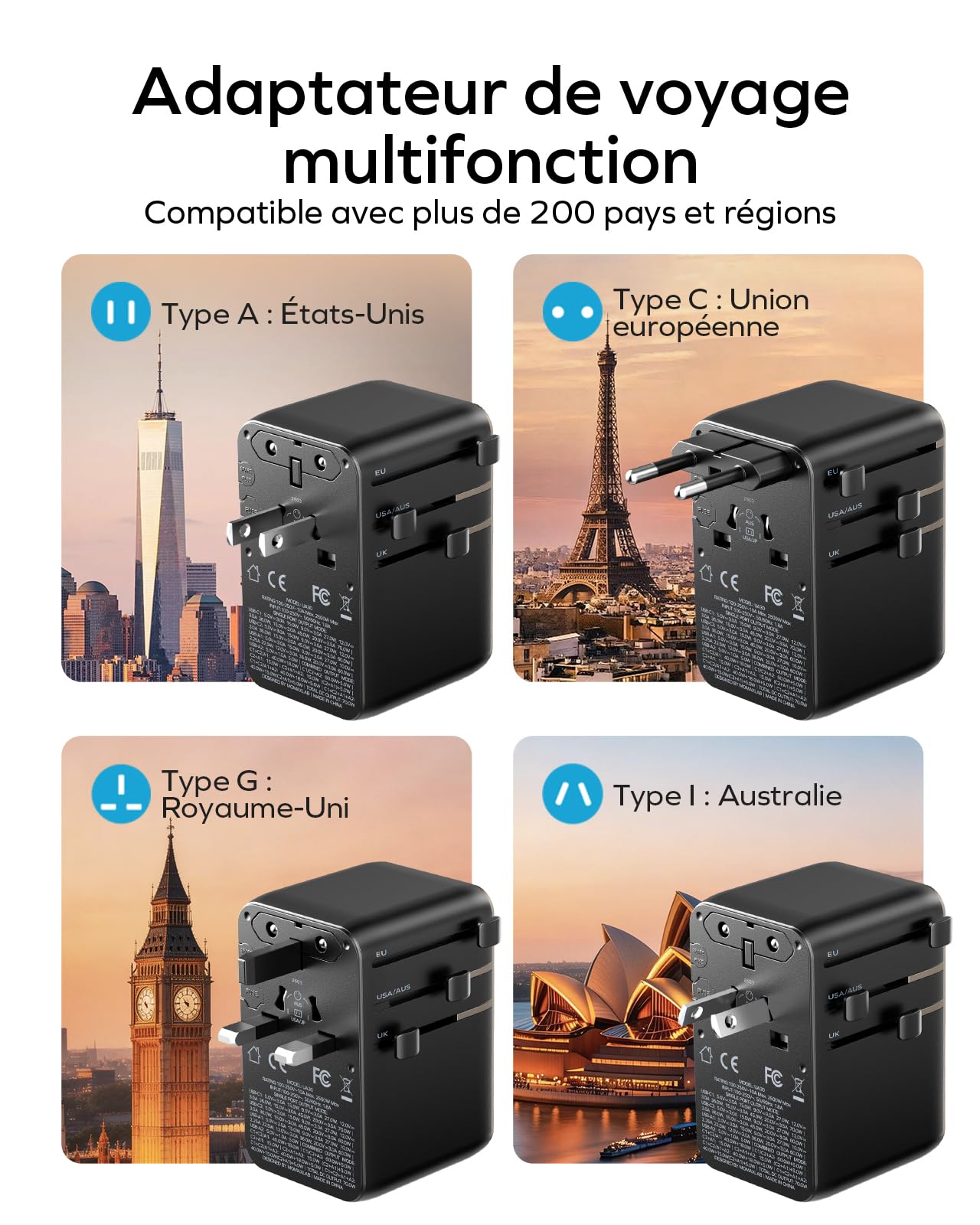 MOMAX Adaptateur de Voyage 70 W avec Câble Extensible, Compatible avec Le Monde Entier, Doté de 2 Prises Secteur, 2 Prises USB-A et 2 Prises USB-C. Adaptateur de Voyage International - Titane