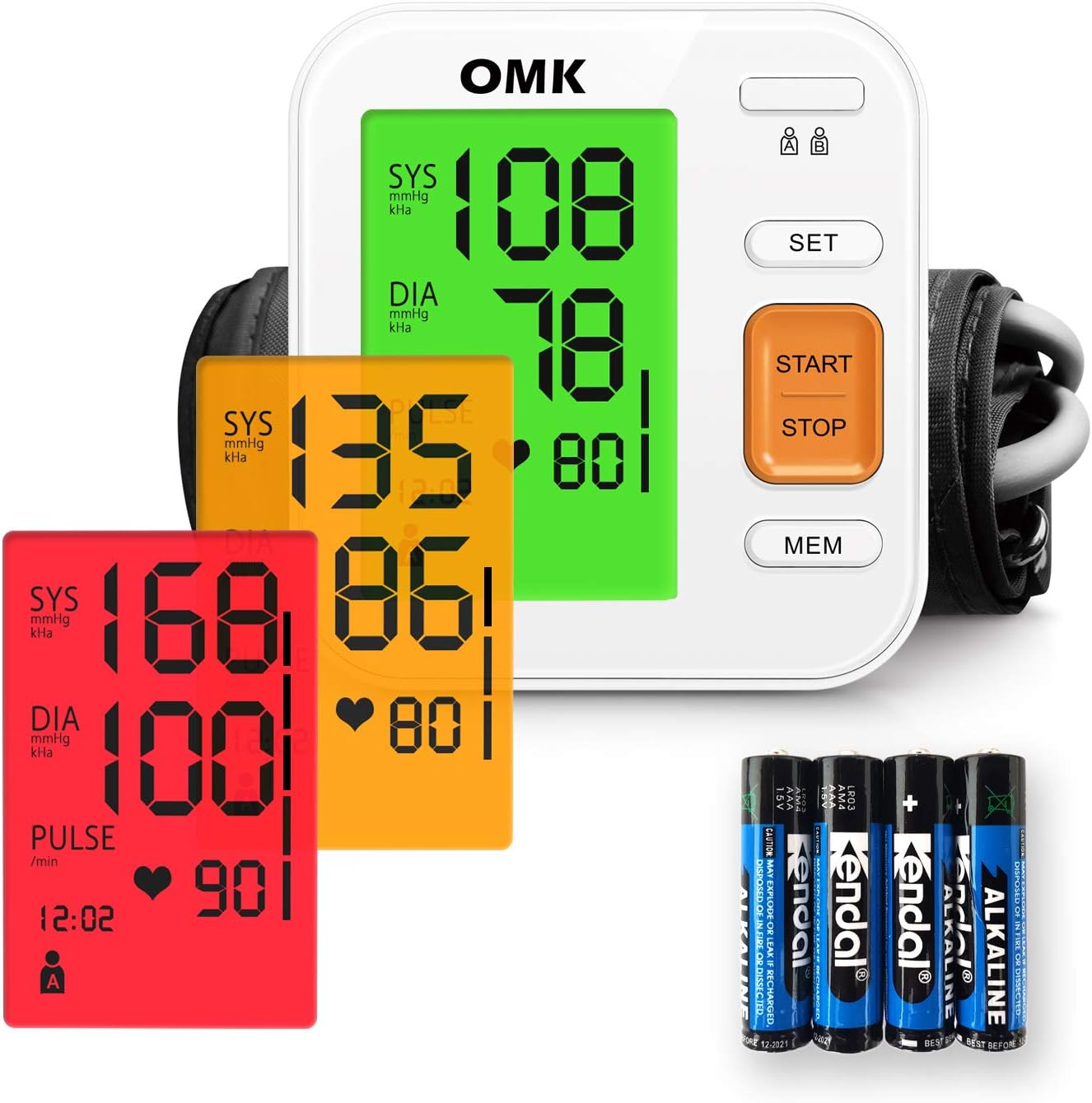 Blood Pressure Monitor Upper Arm Tricolor Backlit, OMK Automatic BP Monitor with Cuff 8.7-15.7in, 2x120 Memories, Irregular Heartbeat Detection, Accurate and Easy to Use, FDA & CE Approved