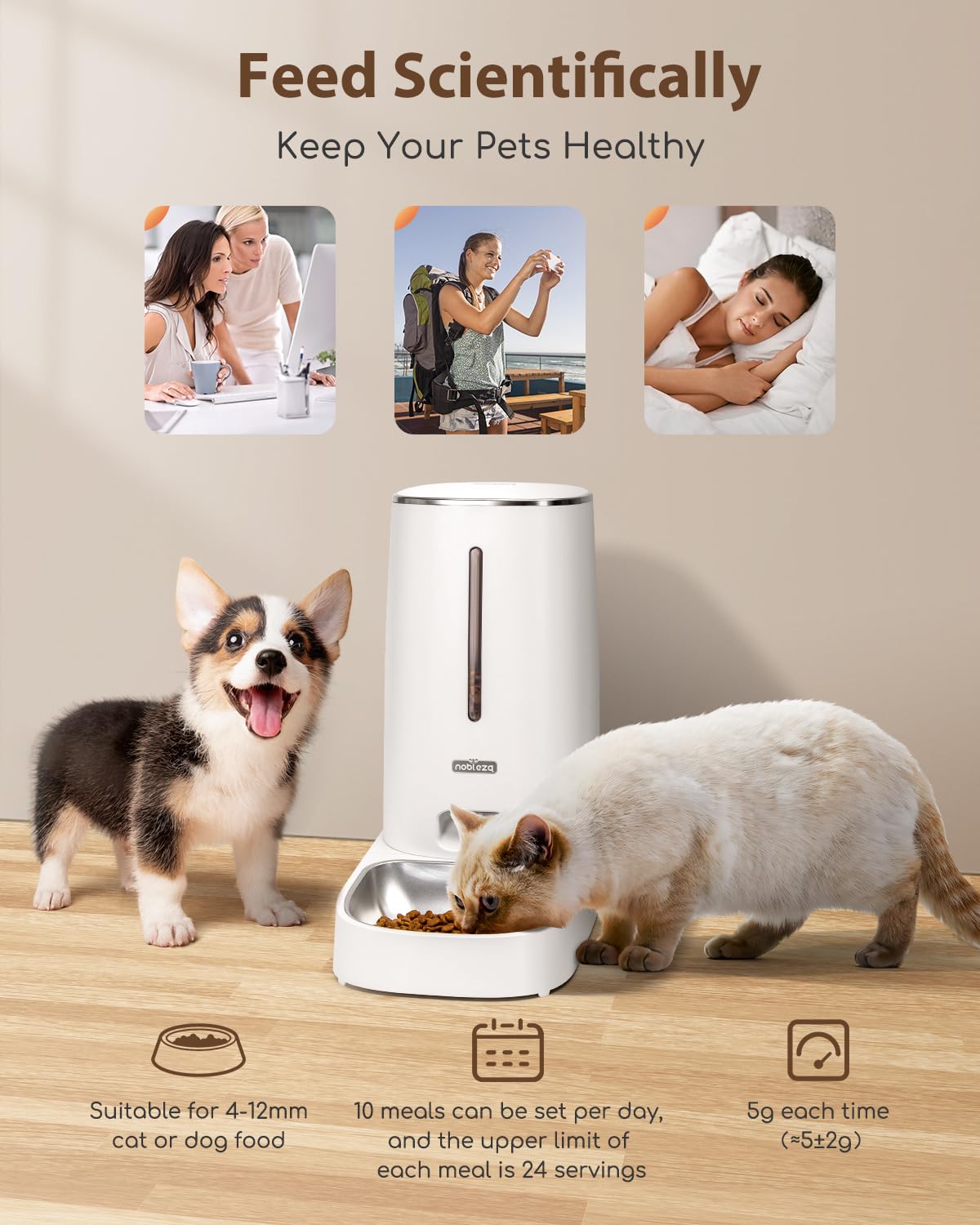 Nobleza - Distributore Automatico di Cibo per Gatti Cani, 2.4G WiFi Dispenser Crocchette Cibo Cani Automatico, 4L Dispenser Cibo Gatti con Timer, Registrazione di 10S, 1-10 Pasti al Giorno