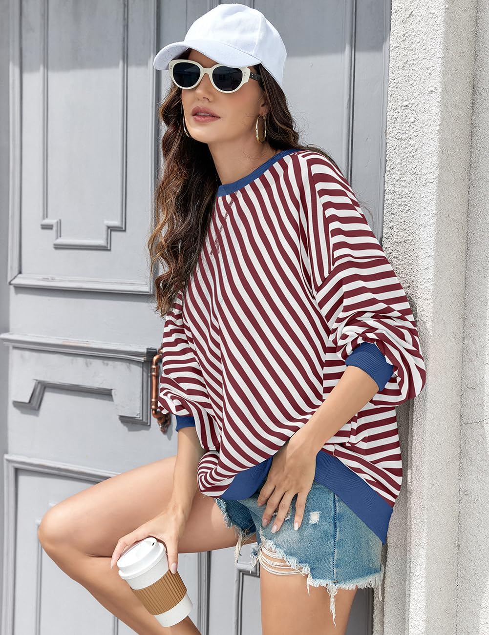 UEU Women's Striped Oversized Sweatshirt Long Sleeve Crewneck Shirts Y2K Pullover Hoodies 2025 Fall Fashion Outfits Clothes - Image 3