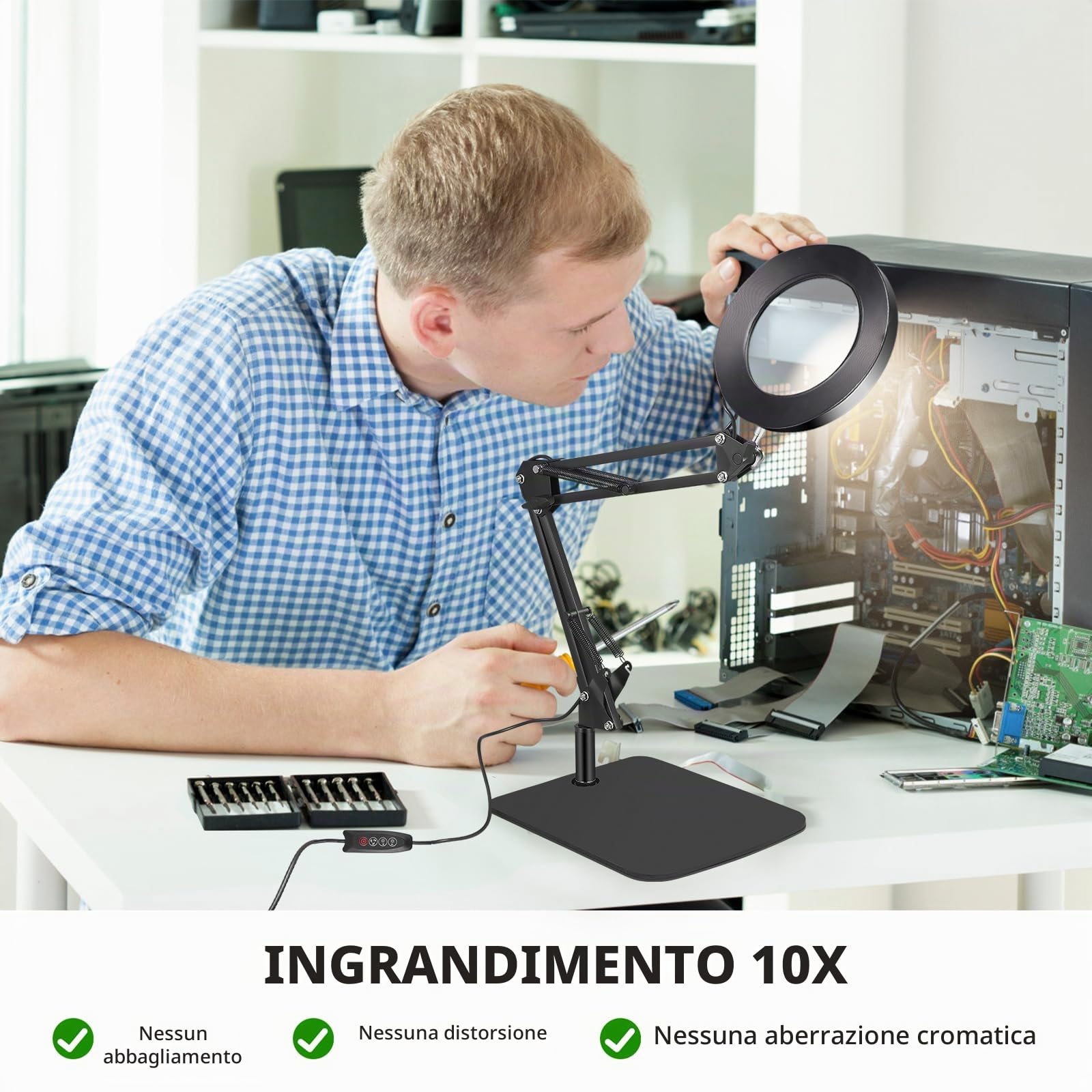 Lampada con Lente d'Ingrandimento, 10X Lente d'ingrandimento da Tavolo con Luce e Supporto, 72 LED Dimmerabili, 3 Colore e 10 Livelli di Luminosità, per Lettura, Riparazione, Artigianato (nero)