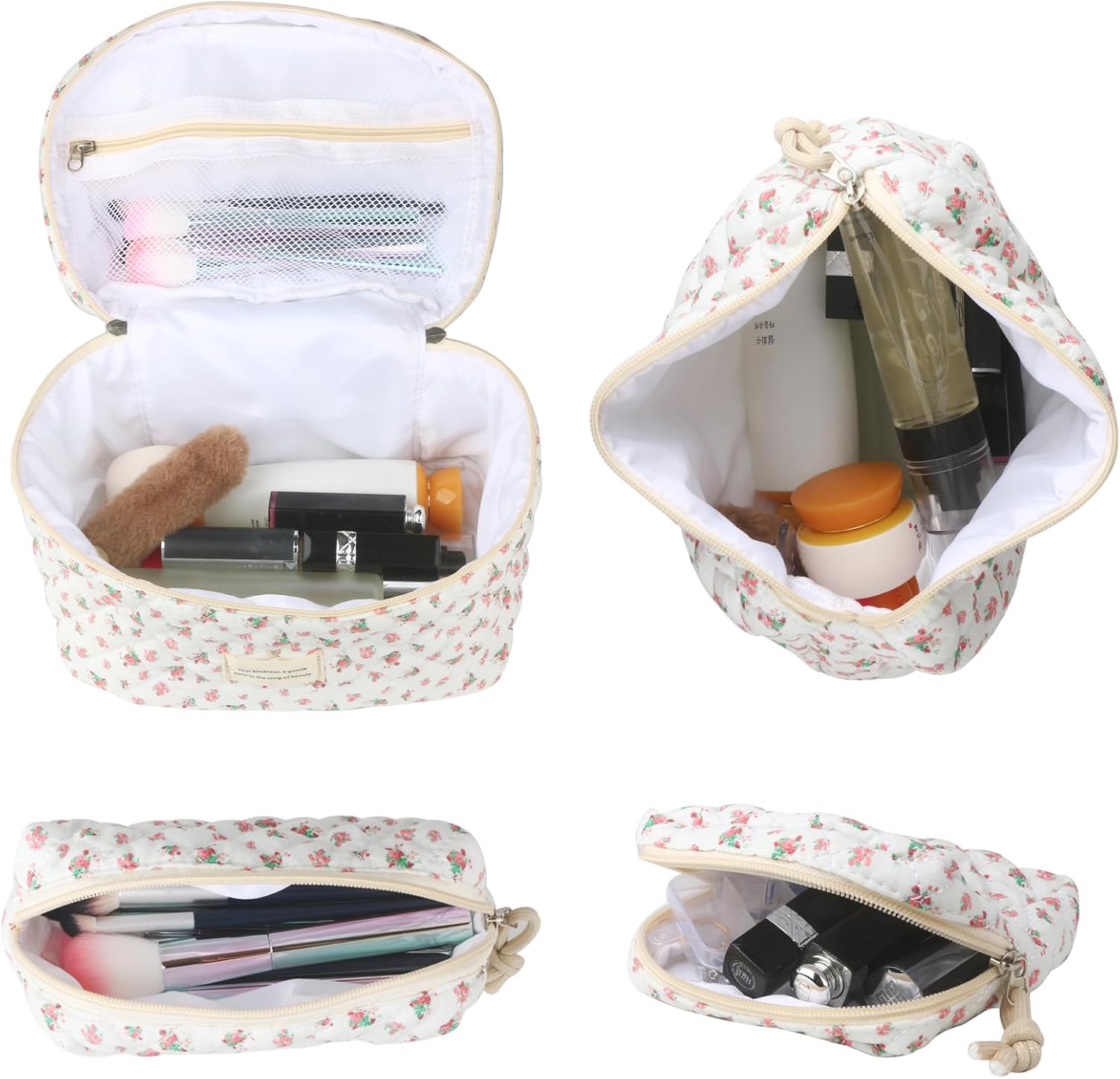 VIWIME Makeup Cosmetic Bag, Large Cotton Quilted Travel Coquette Aesthetic Cute Floral Make up Bag for Women Toiletry Bag Organizer (202- Red Rose / 4Pcs) - Image 2