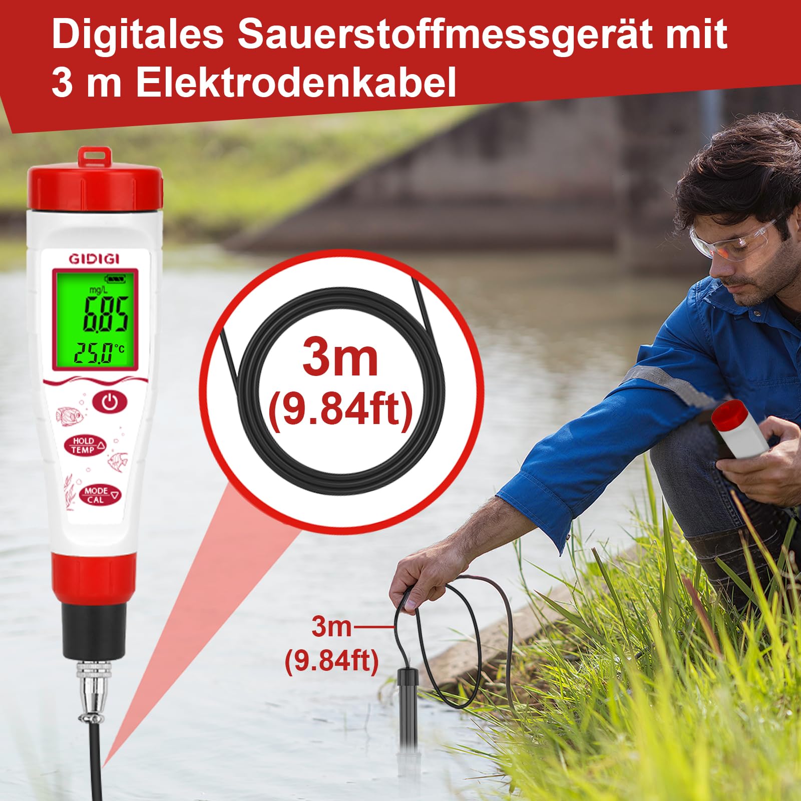 Digitales Messgerät für gelösten Sauerstoff, GIDIGI Intelligenter Tester für gelösten Sauerstoff mit ATC,DO tester mit 9.84ft langem DO Sondenkabel,Testkit für gelösten Sauerstoff für Aquarien,Teiche
