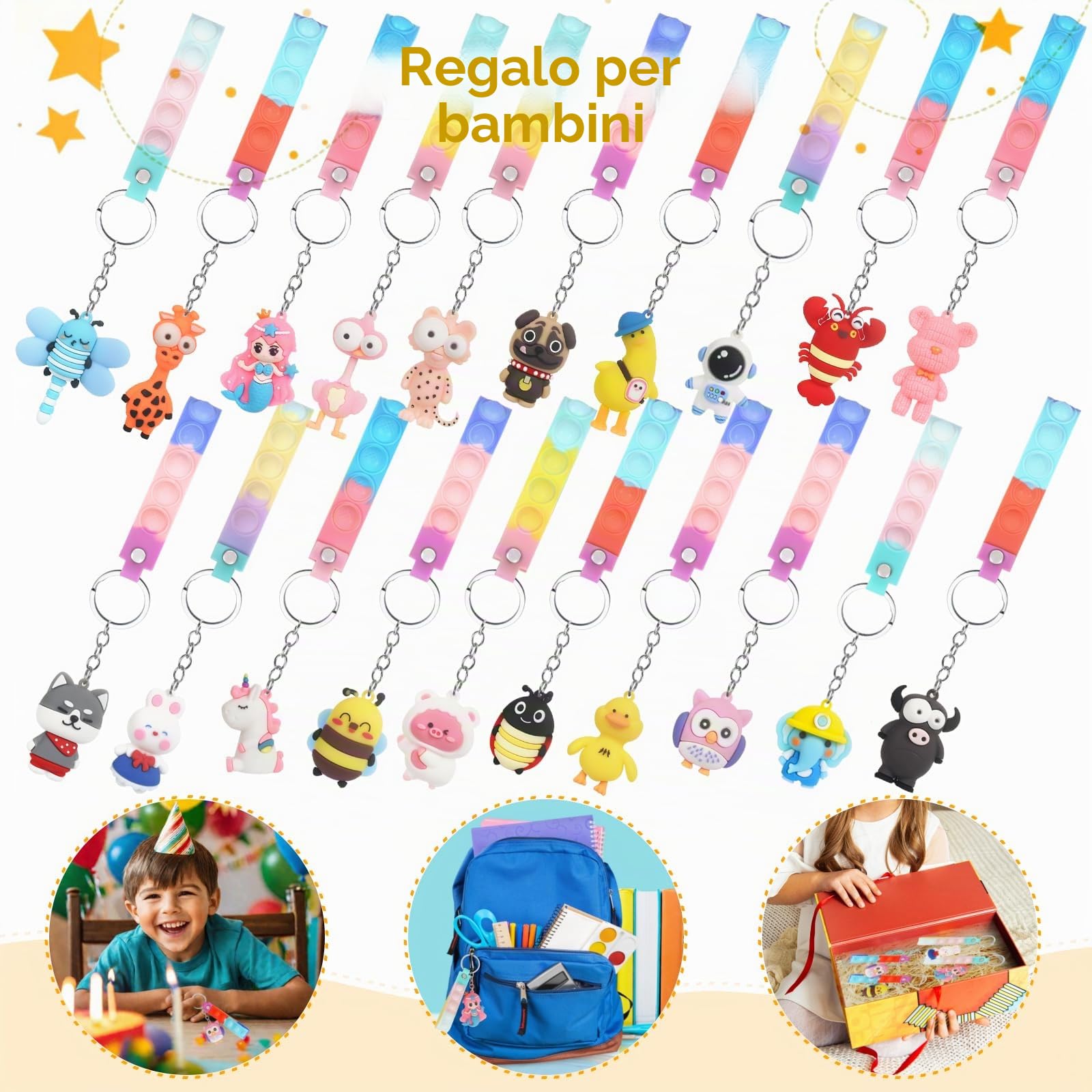 Gudotra 32 Pezzi Portachiavi Animale Gadget Compleanno Bambini con Pop it Fidget Toys Antistress Regalini per Invitati Alunni Fine Anno Scolastico Pensierini per Bambini Dopo Festa