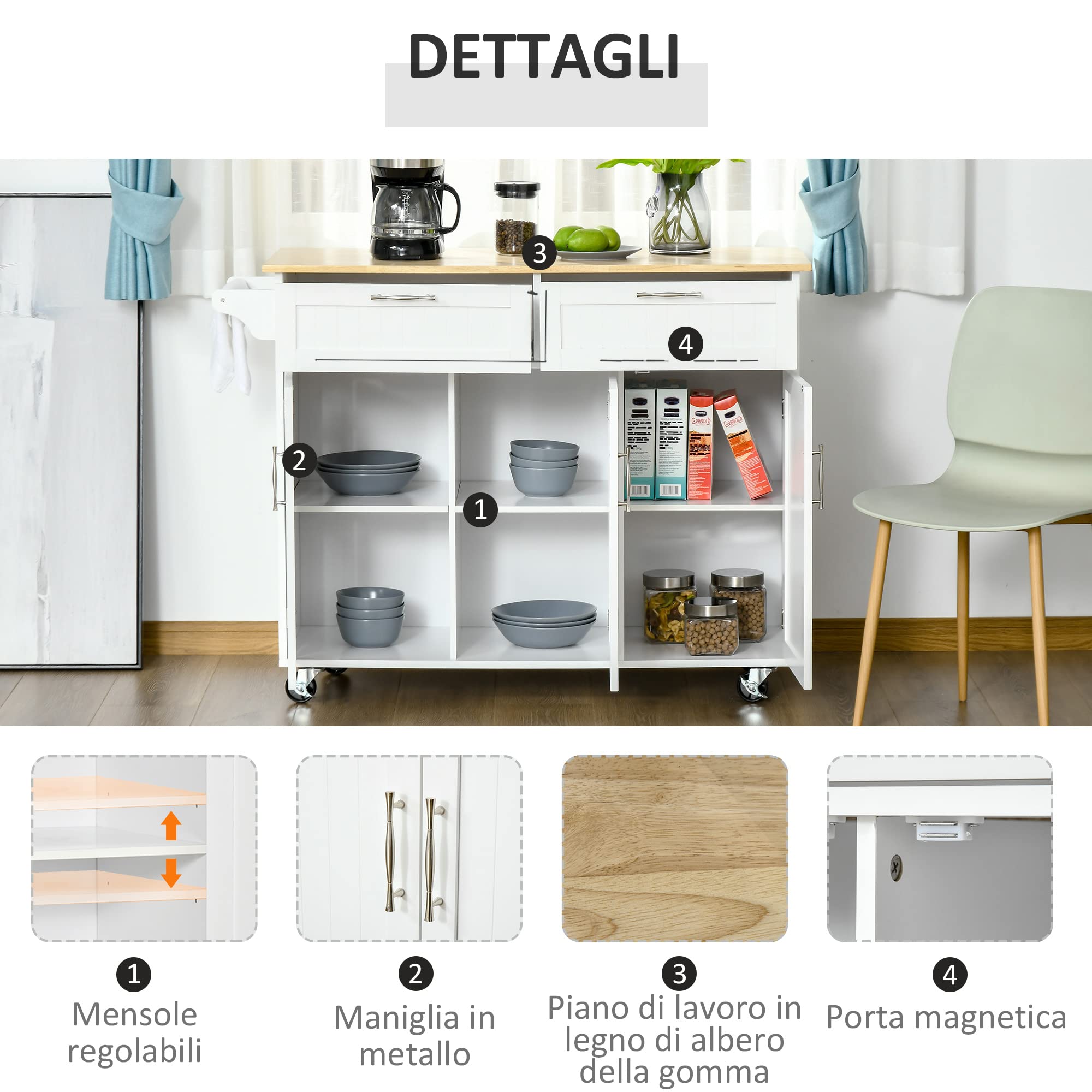 HOMCOM Carrello da Cucina Multiuso con 2 Cassetti, 3 Antine e 4 Ruote, in Legno e MDF, 121x46x91cm, Bianco