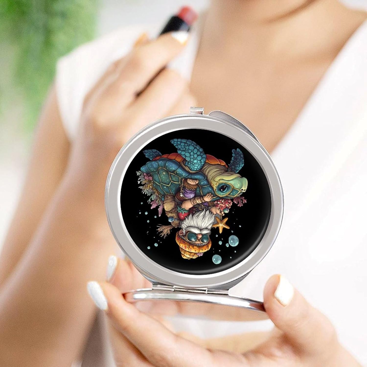 Dwarf Riding A Turtle Compact Makeup Mirror Mini Foldable Cosmetic Mirror Portable Travel Mirror for Purse Pocket