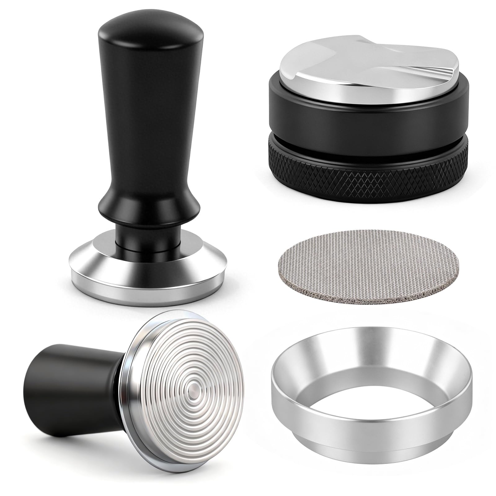 Photo 1 of 51mm Espresso Accessories Kit, Espresso Tamper and Distributor Set with Aluminum Catch Cup, Professional Coffee Leveler Tool Compatible with 51mm Portafilter, Black & Silver