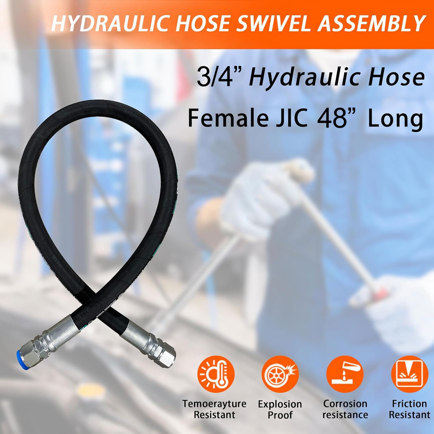 Haichy 26711-12-12-RW Hydraulic Hose Swivel Assembly 3/4” Hydraulic Hose with Female JIC X Female JIC, 48IN, 3118 psi, Black-A