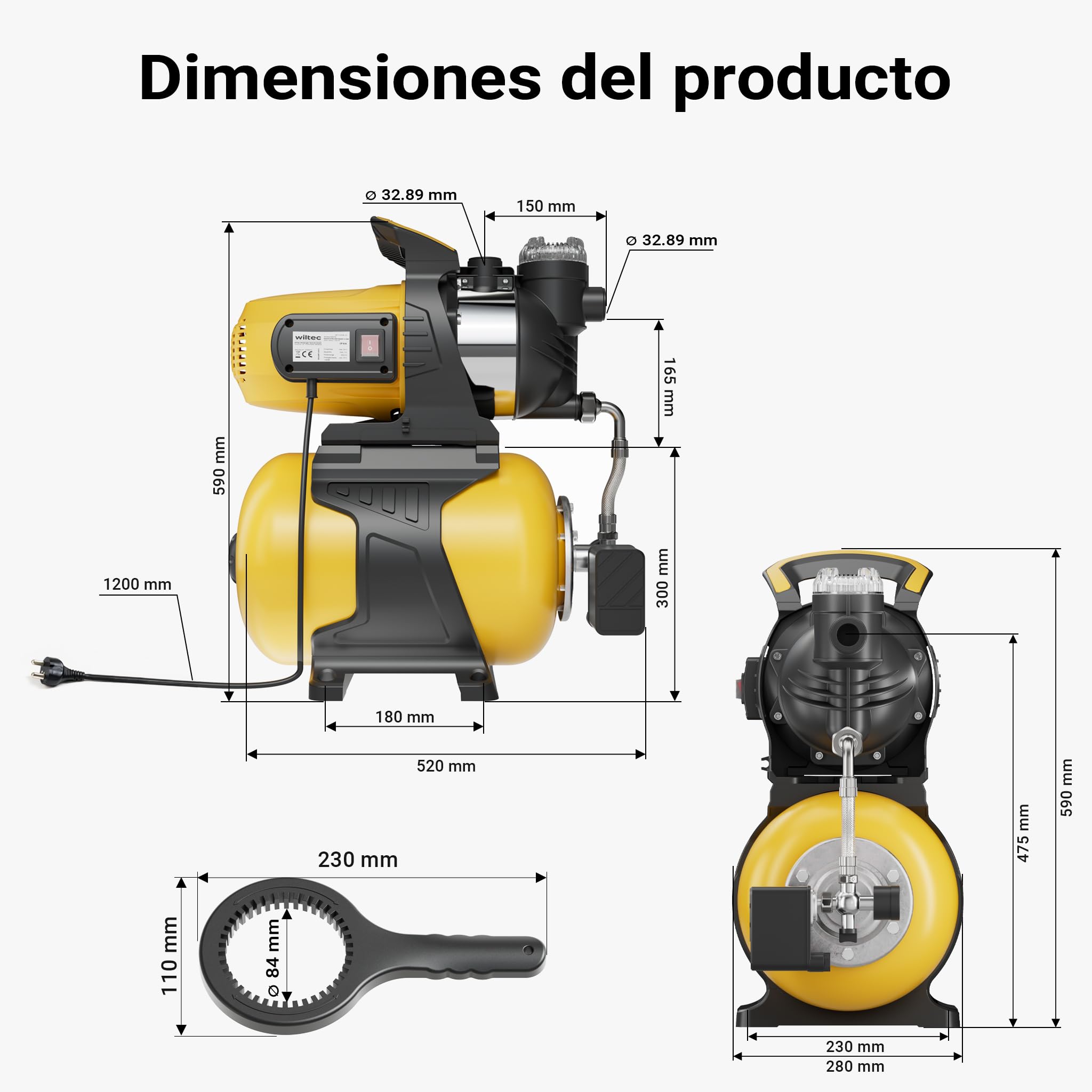 Wiltec Bomba de agua 1300 W con tanque de presión de 24 L y prefiltro, caudal 5000 l/, equipo de presión de agua para uso doméstico, carcasa de acero inoxidable, altura de elevación 50 m