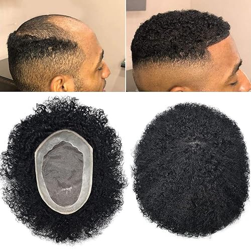 Afro - Tupé para hombre, duradero, base fina, mono, rizado, cabello ondulado africano, piezas para hombres negros, mono encaje PU alrededor de 100%
