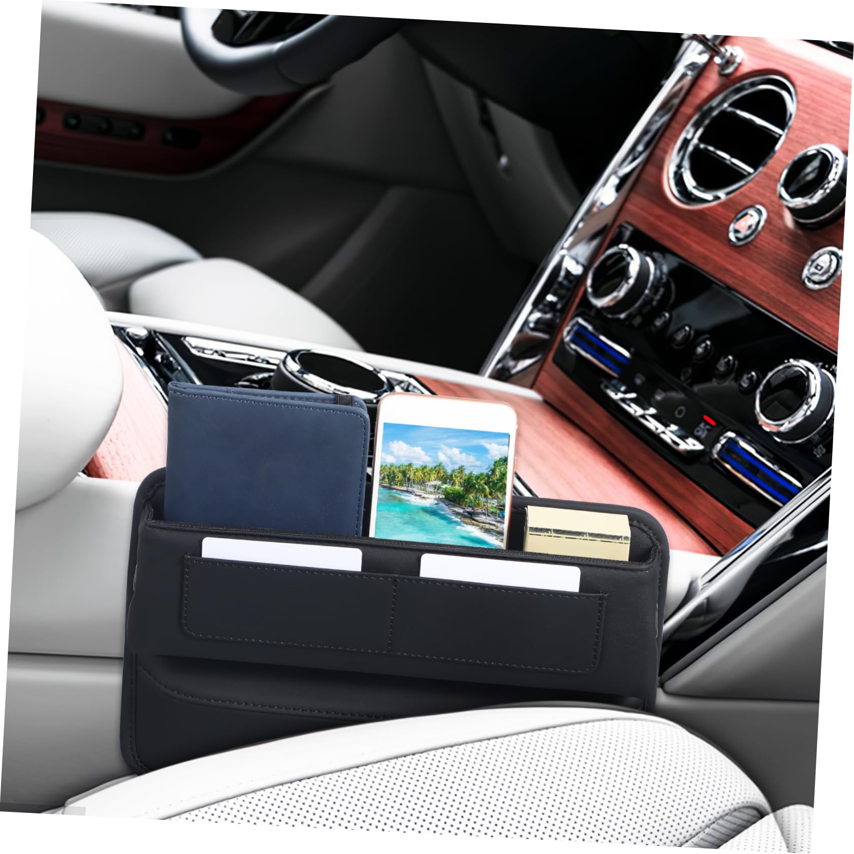 Anneome Organizador de Coche entre Asiento y Consola, Cuero Negro Caja de Almacenamiento, Fácil Instalación, para Asiento Delantero, para Snacks y Llaves