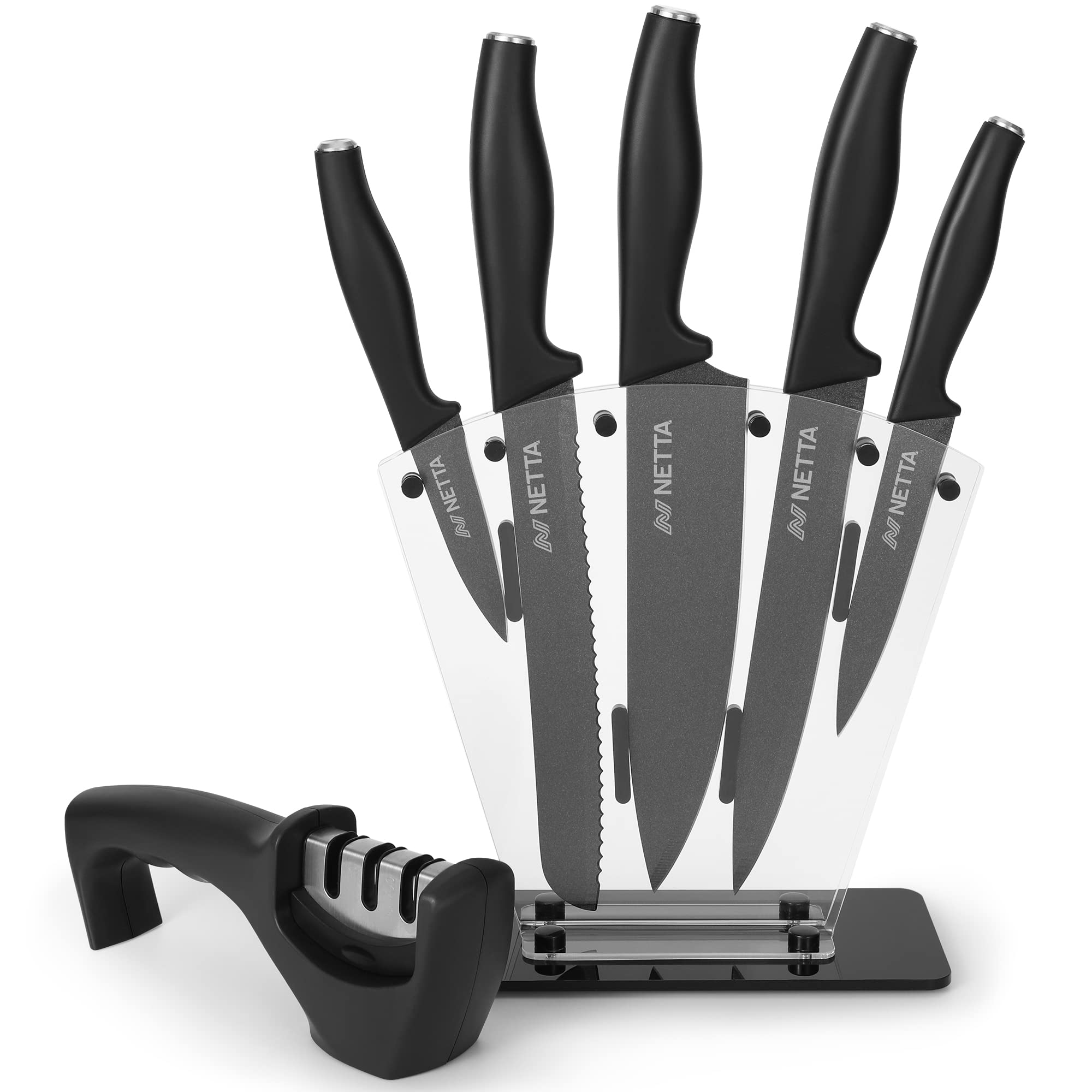 NETTA Kitchen Knife Set with Block – 6 Piece Stainless Steel - Premium Kitchen Set with Clear Storage Block, 5 Knives, Knife Sharpener - Black