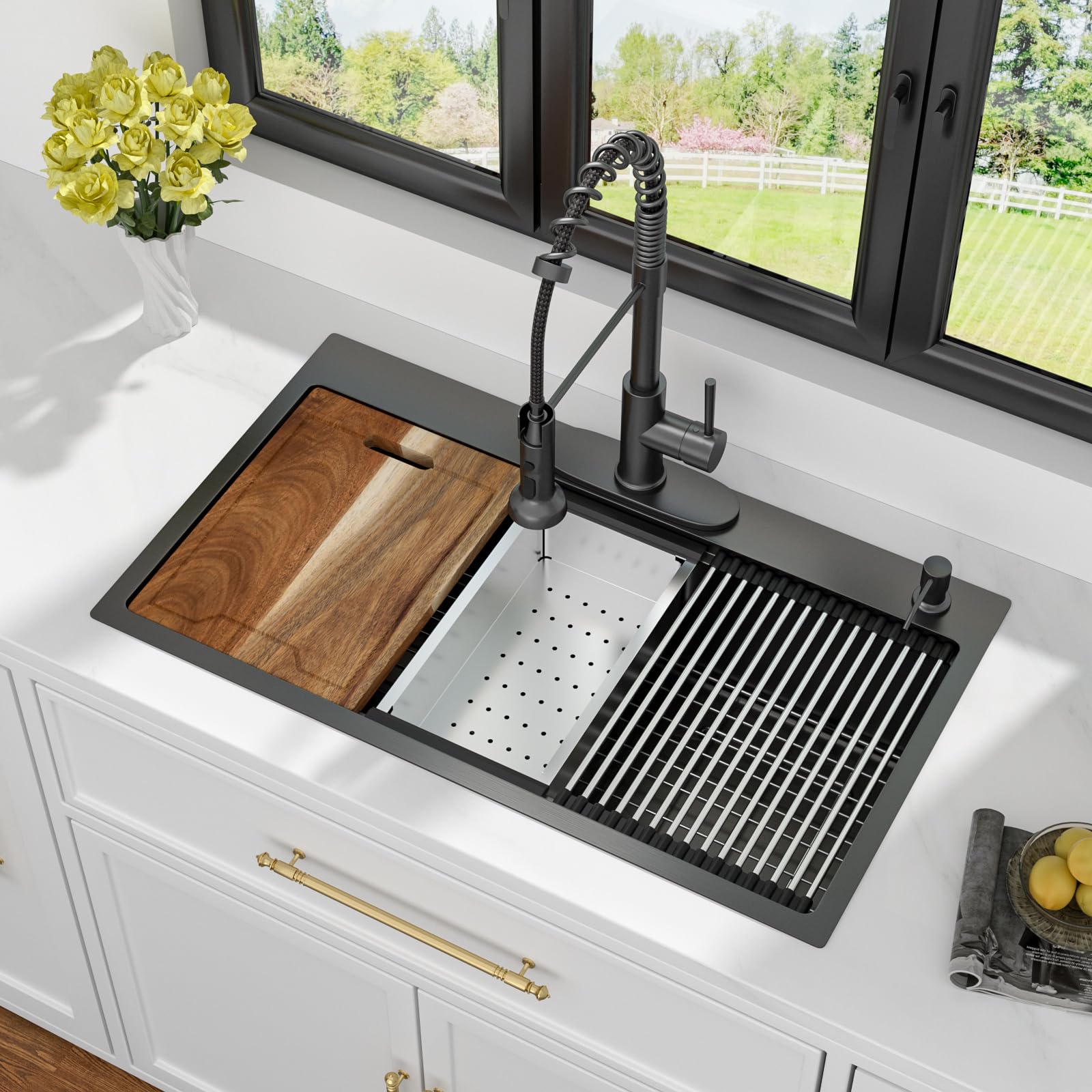 Kichae 33 Black Drop In Kitchen Sink Workstation 33x19 Black Kitchen Sink