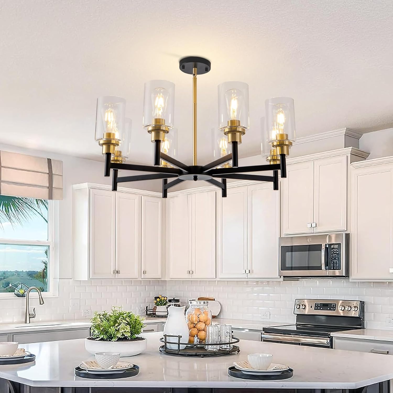 8 Light Gold Chandelier for Dining Room Light Fixtures Black & Brushed Brass Modern Farmhouse Chandelier Industrial Hanging Pendant Lighting for Living Room Kitchen with Glass Shade