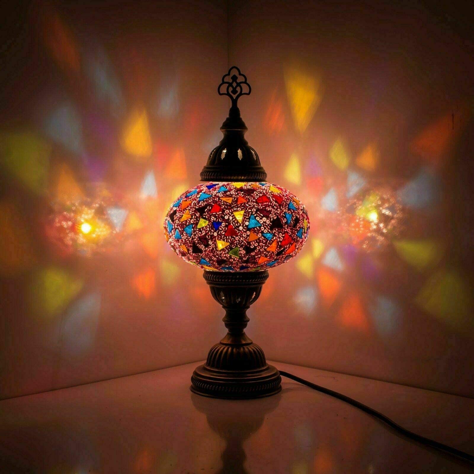 ENVA Turkish Moroccan Tiffany Style Handmade Mosaic Table Desk Bedside Night Lamp Light Lampshade with LED Bulb Large Globe