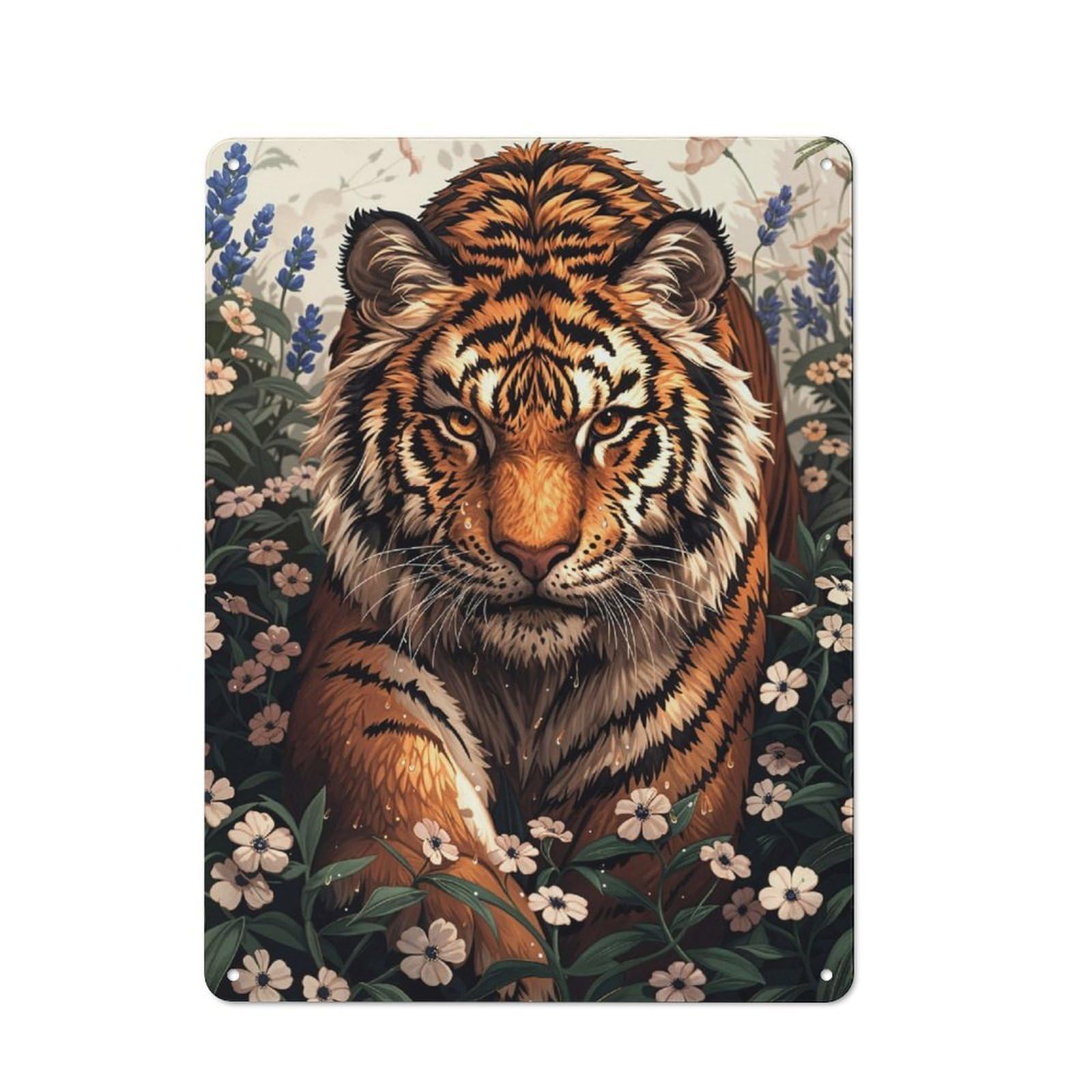 Junmoney Tiger In Flowers Tin Wall Plaque 40X30cm With For Garage Or Workshop, For An Autumn Wall Display In Garage And Workshop