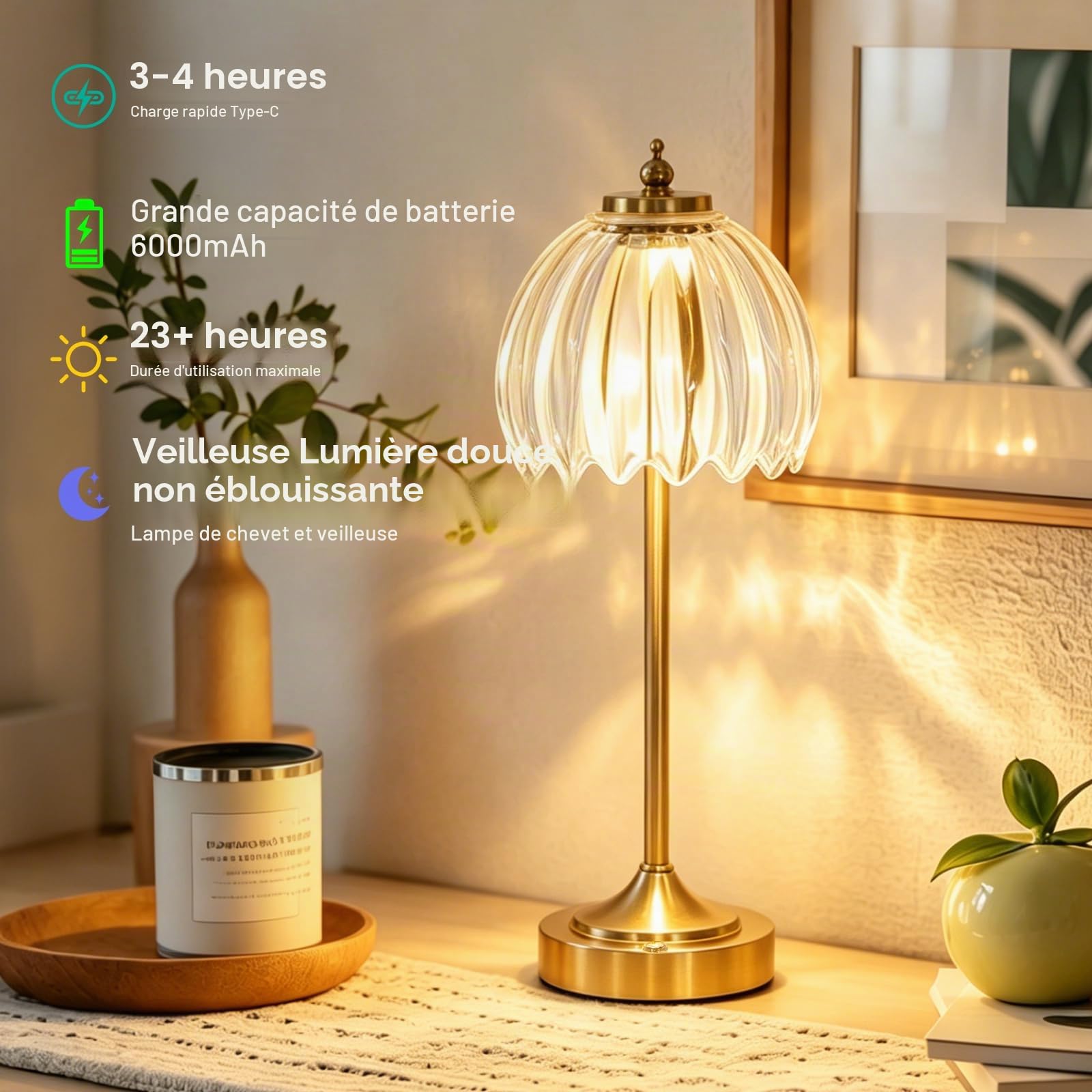 Lampe de Chevet LED Tactile, intensité variable, 3CCT, Vintage Lampe de table Sans fil Avec abat-jour en Verre Tulipe Rétro, Lampe de bureau Rechargeable, Petite Veilleuse pour Chambre Salon Chevet