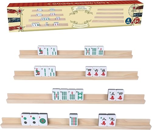 GOTHINK Juego de 4 bandejas de azulejos de mahjong de madera, para mejorar tu juego de Mahjong, bastidores para mahjong, tren mexicano, dominó y más