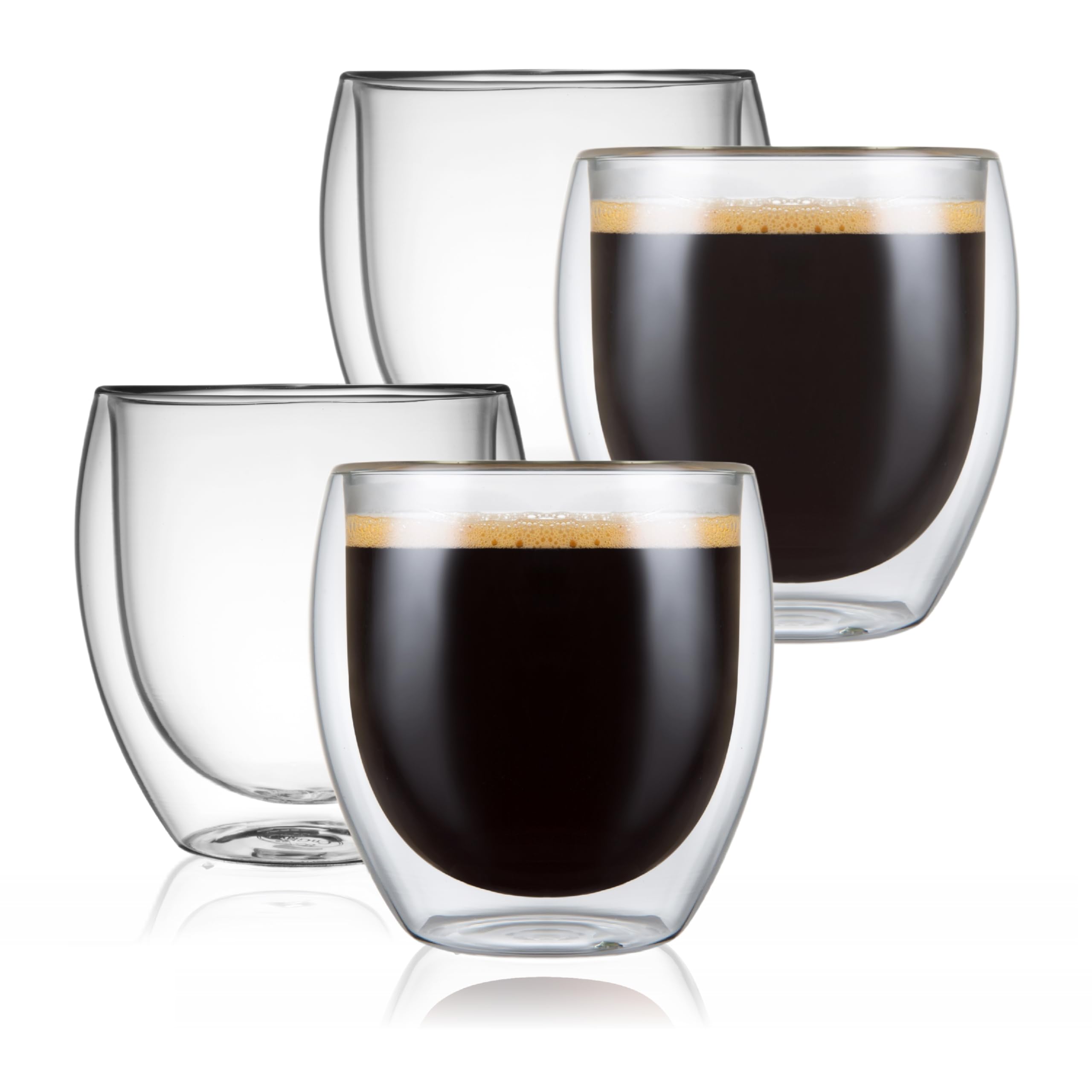 CNGLASS Double Wall Glass Espresso Cups 8.5oz,Insulated Clear Coffee Cup Set of 4