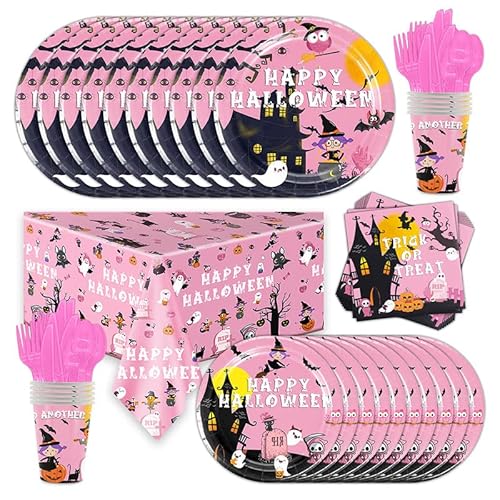 169Pcs Pink Halloween Party Supplies For 24 Guests Happy Boo Day Tableware Set Pink Halloween Ghost Party Supplies Halloween Birthday Tableware Plates Napkins Cups For Kids #TOP22