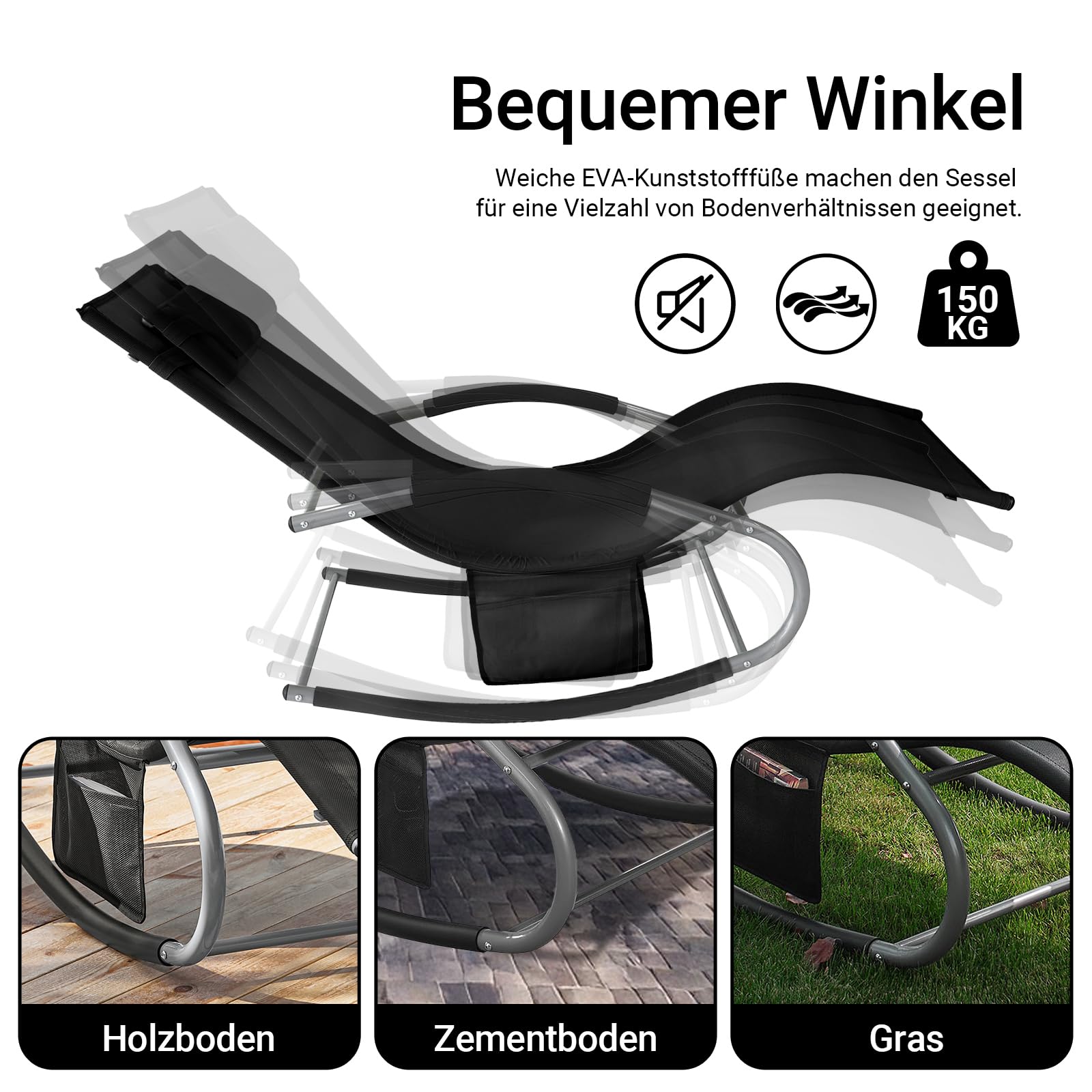 SoBuy 2er-Set Gartenliegen mit Kopfkissen 150x87x63cm Belastbar bis 150kg | 2er-Set Sonnenliegen mit Seitentasche, Stabilem Metallgestell, Outdoor Liegestuhl Atmungsaktivem Bezug, Schwarz OGS28-SCHx2