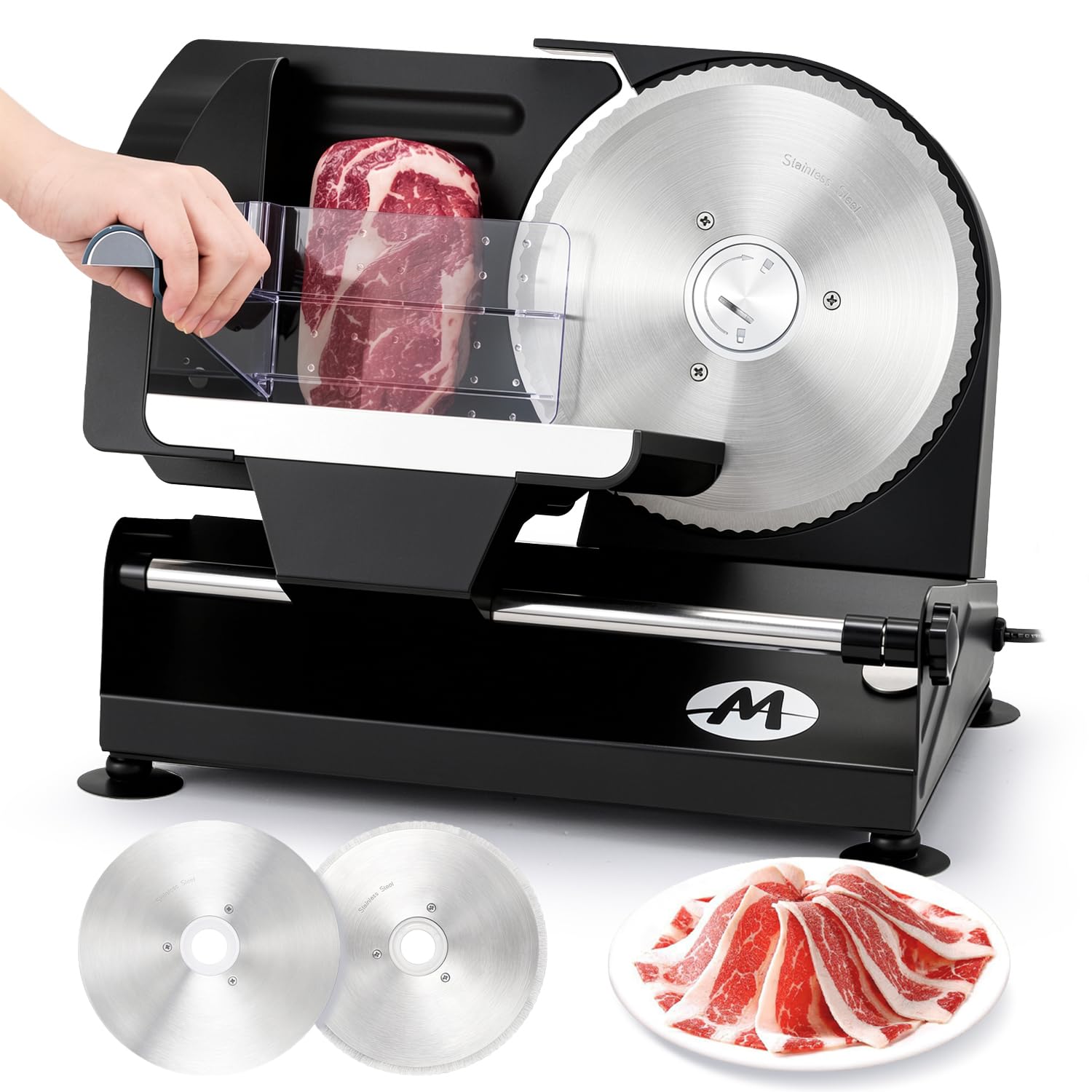 Moongiantgo Affettatrice Elettrica Taglia Alimenti Tagliapane per Uso Domestico, Spessore Regolabile 1-20mm, Doppia Lama 7.3'' Rimovibile in Acciaio Inox per Formaggio, Verdura, Prosciutto (220V)