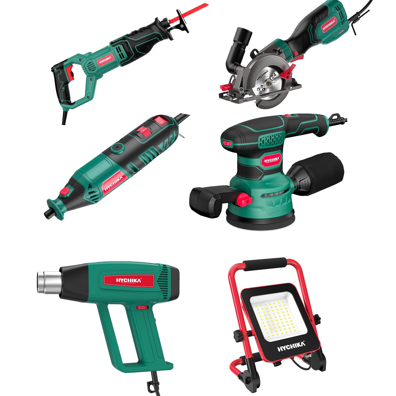HYCHIKA Heat Gun,Orbital Sander 3.8Amp 450W,6.2A Mini Circular Saw,Reciprocating Saw,180W Rotary Tool,50W LED Work Light,6-Tool Power Tool Combo Kit