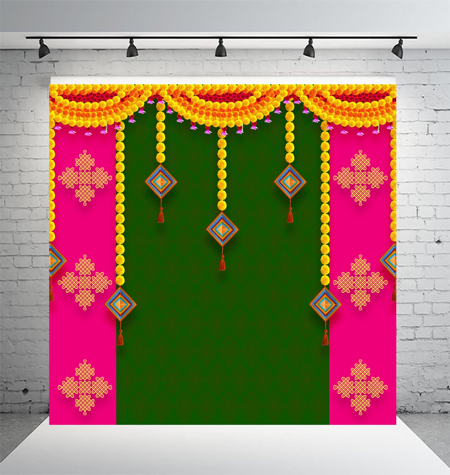 Dhara Creation Pooja Pink and Green (8ft - 8ft) Backdrop Wedding Decoration Curtain Cloth Pooja Decoration for Festivals and Celebrations. (Washable Fabric)-image-2