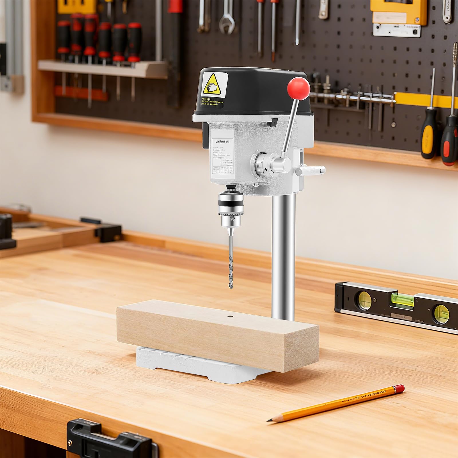Trapano da tavolo 340 W, precisione a colonna con velocità continua (0-16.000 giri/min) e arresto di profondità, costruzione in ghisa per legno/metallo/plastica, profondità di foratura 25 mm
