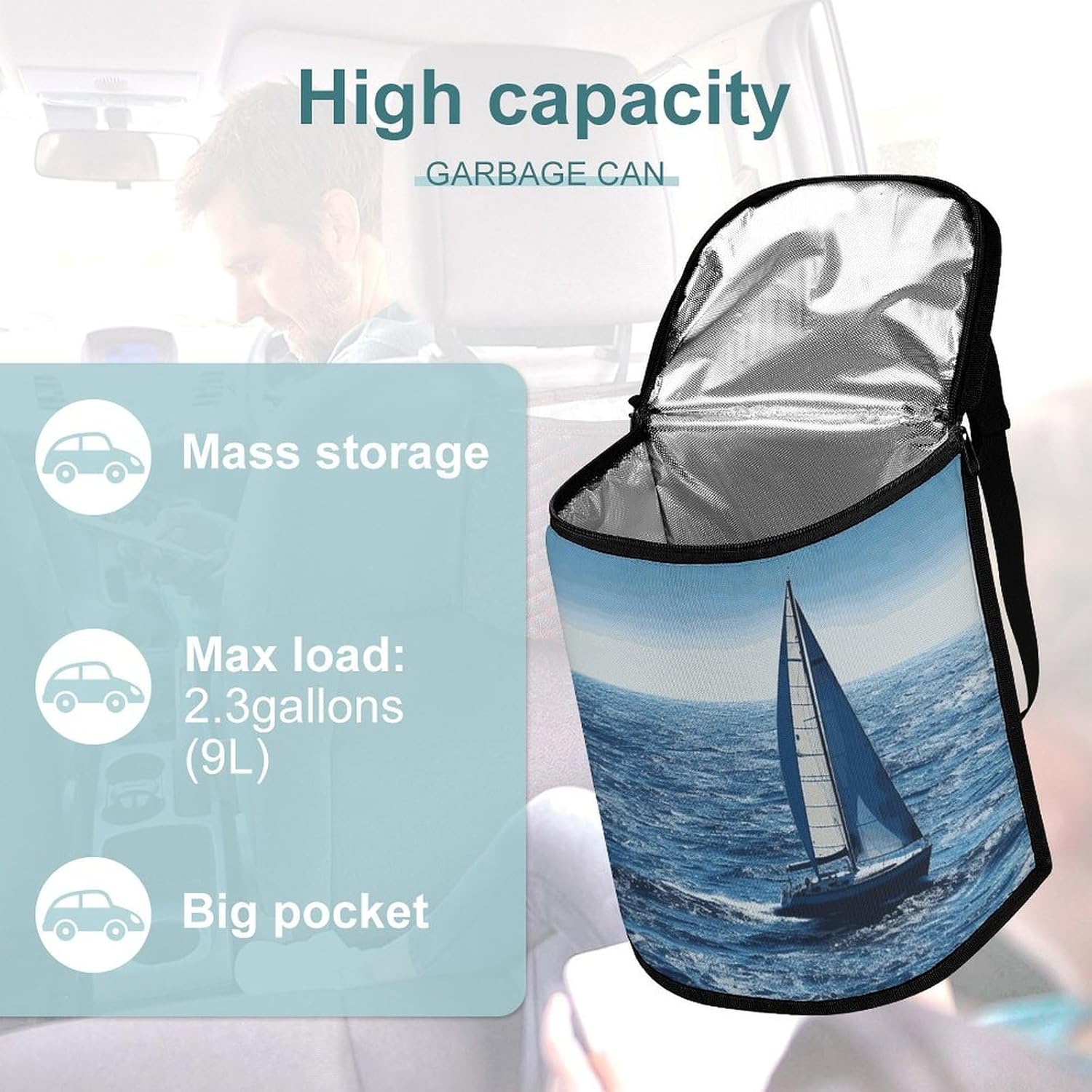Hanging Car Trash Bag Blue Sea Sailboat Printed Car Garbage Storage Bag Leakproof Car Trash Can Portable Garbage Storage Bags