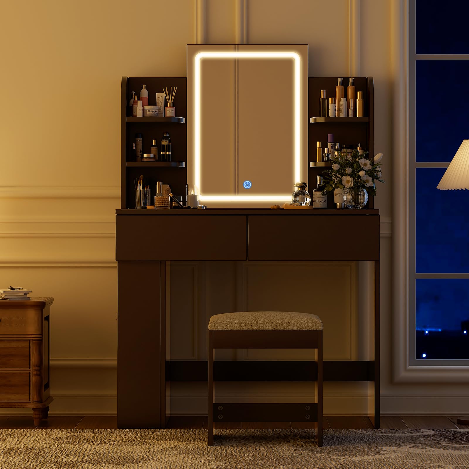 TRIUMPHKEY Toeletta da Trucco con luce LED, Tavolo da Toilette con Specchio e Sgabello,Postazione Trucco,Luminosità Regolabile,2 cassetti, Arredamento Moderno per la Camera da Let (Nero)