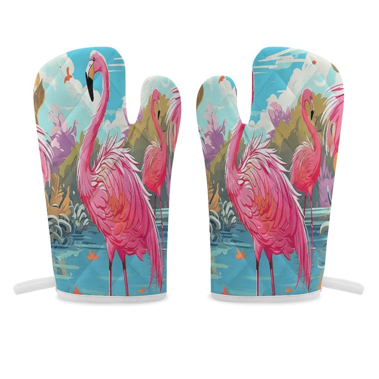Flamingo Bird Oven Mitt Heat Resistant Potholder Set,Durable Oven Gloves for Gifts,Glove Pot Holder for Cooking Baking Grilling BBQ