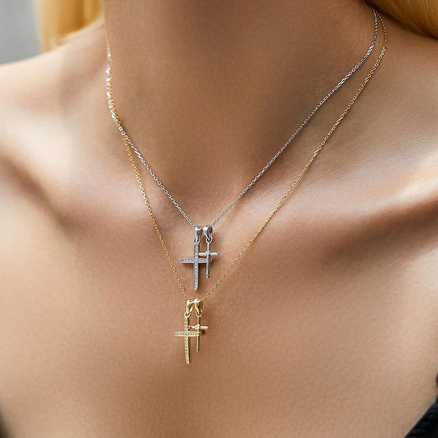 S925 Sterling Silver Double Cross Necklace for Women, Dainty Pave CZ Layered Pendant, Trendy Minimalist Choker Chain - Image 2