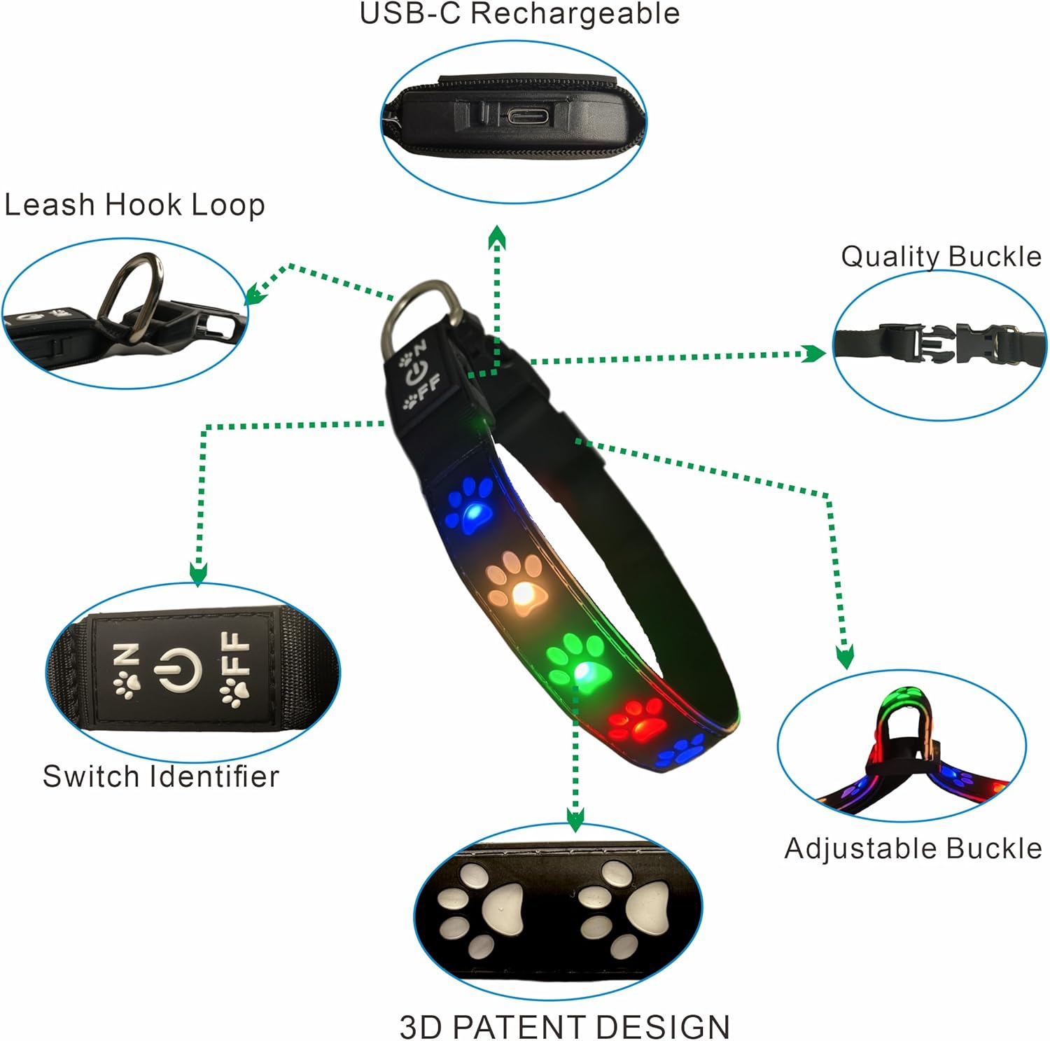 Personalized Flashing USB-C led Light up Dog Collar with Airtag Holder, Premium Color 15 Modes Changing (Black PRO, L(15.7-19.7"))