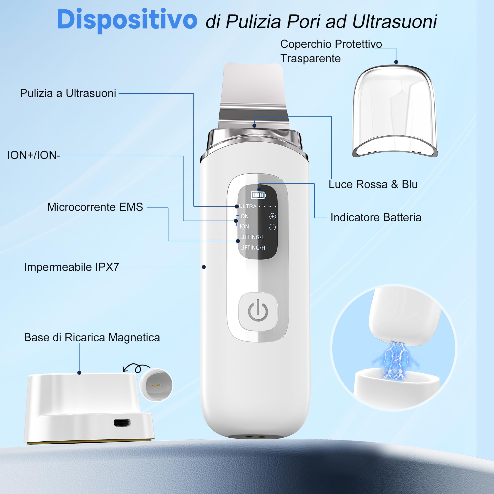 Pulizia Viso Ultrasuoni, Skin Scrubber con 4 Modalità e Impermeabile IPX7, Luce Rossa e Blu Spatola Professionale Punti Neri Rimozione Pulizia Profonda la Viso Peeling e Cura