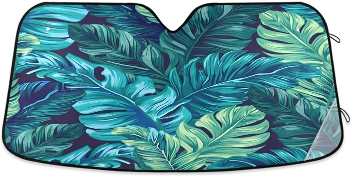 senya Car Windshield Sunshade Turquoise Tropical Leaves Pattern، Blocks Sun Visor Protector Foldable Sun Shield حافظ على سيارتك باردة ، تناسب الزجاج الأمامي لمعظم الأحجام